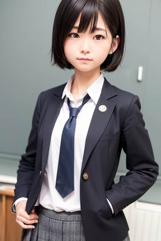 summer blazer、realistic schoolgirl、Hands in pockets、Short black hair、Classroom、soio、hight resolution、hightquality