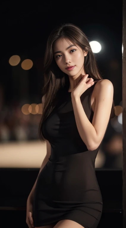 10, master-piece, RAW photo, bestquality, photorealistic portrait, extremely detailed cg unity 8k wallpaper, Depth of Field, cinematic light, lens flare, ray tracing, (Very beautiful face......... , beautiful lips, beautidul eyes), Complex face details, ((ultra-detailed skin)) 1girls, In the dark, Deep Shadows, A Beautiful Girl, (The body is very slender.......... :1.3), ((looking at the audience)),(big smile:1.3), Clear eyes, Front Shot, (pale skin), (Look very far ahead.........., (upper body shot), (Brown cooked for the audience..........:1.3), Very thin, mediuml breasts, thick thighs, Sphincter stockings, city scape,(sexy evening dress, ), (Random environment,bar,nighttime,), (environment,Thailand)