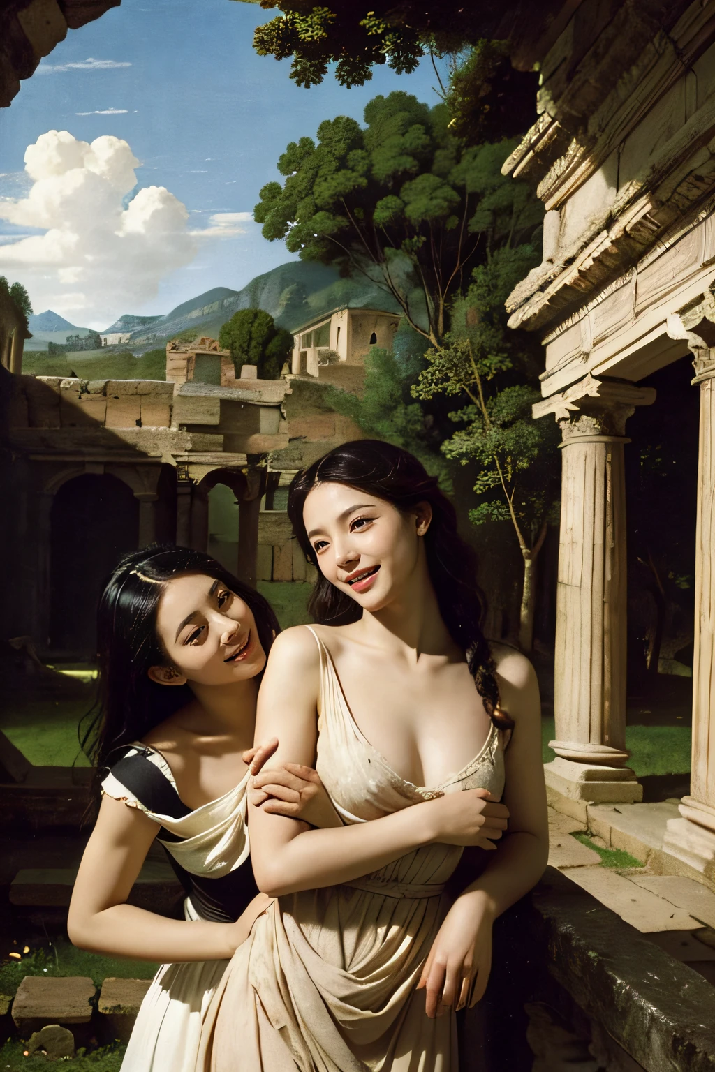 Ancient Roman ruins,Poussin-style landscape,A smile,,Sweet and seductive appearance.、Caravaggio's paintings、Chiaroscuro of Caravaggio、Hair disheveled in the wind,Two women frolicking,Cute smile, Expression of ecstasy,A sexy,erotick