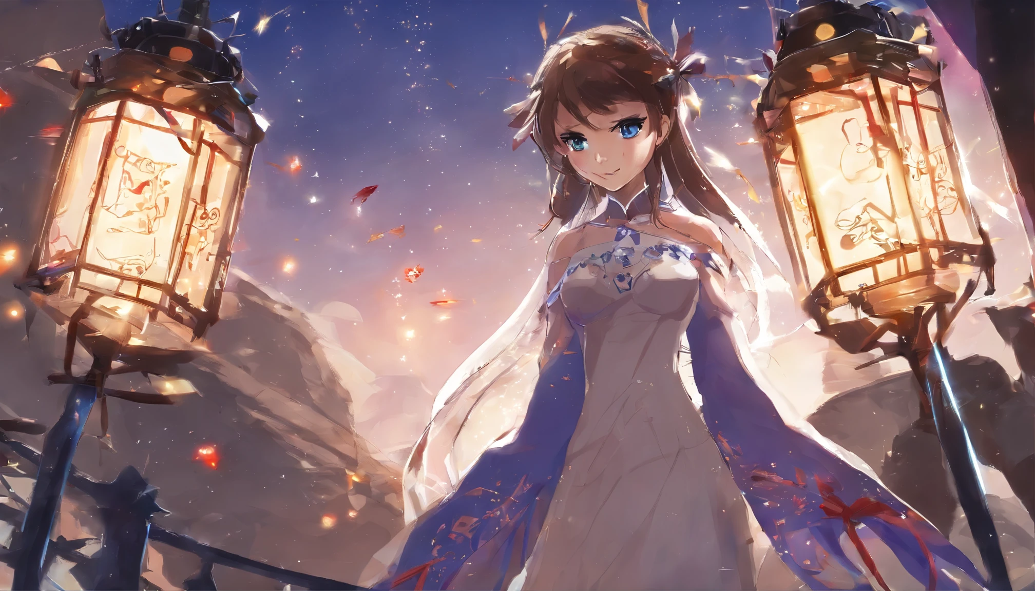 (Extremely Delicately Beautiful: 1.2), 1个Giant Breast Girl, By bangs, eBlue eyes, bblurry, bblurry background, the bow, Brown hair, shut up, Side view, hair between eye, hair the bow, lanterns, Light particles, longer sleeves, looking at viewert, Medium hair, the night, red the bow, Alone, As estrelas(symbol), The upper part of the body, ssmile, Redlip