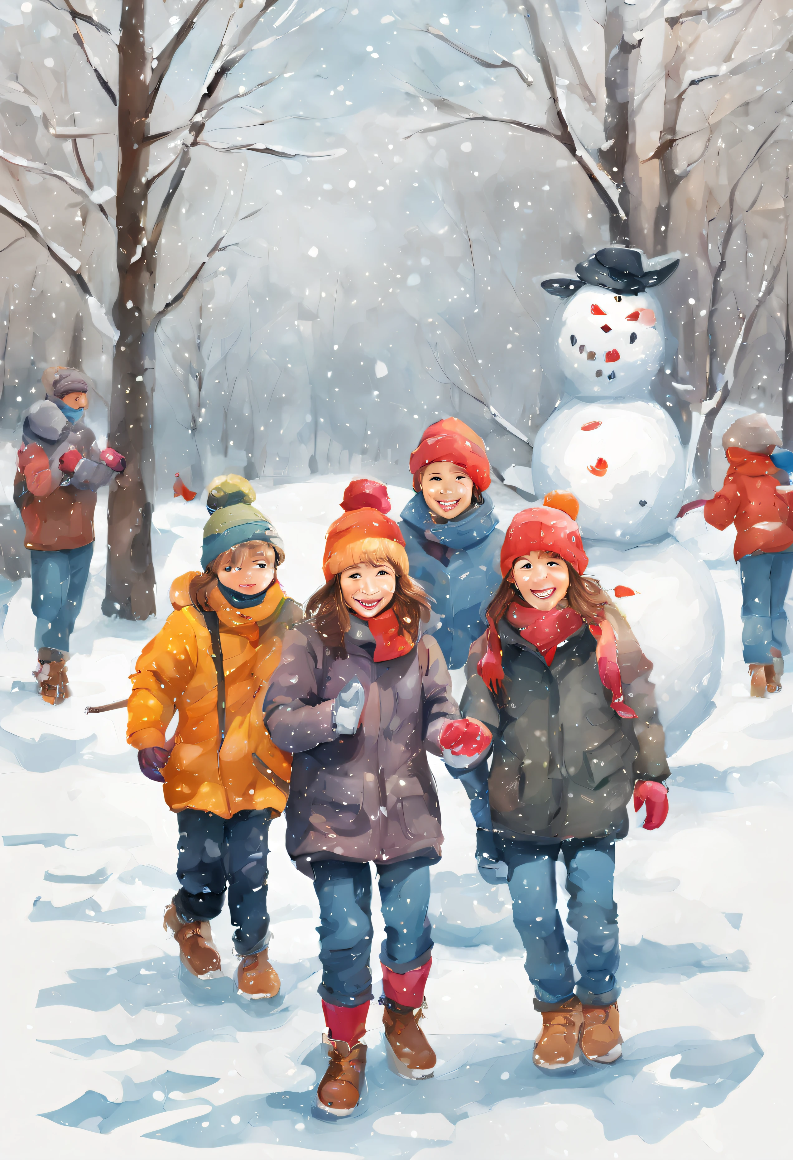 Thin line drawing,at winter season,nevando,in front of school,Many children run,big snowman,Students studying various art subjects,dances,Music equipment,sing,Draw one,caligraphy,Oil painting texture,bright,design sense,poster for,k hd,Clear detail,Upgrade gracefully,Big breasts are beautiful,succinct,