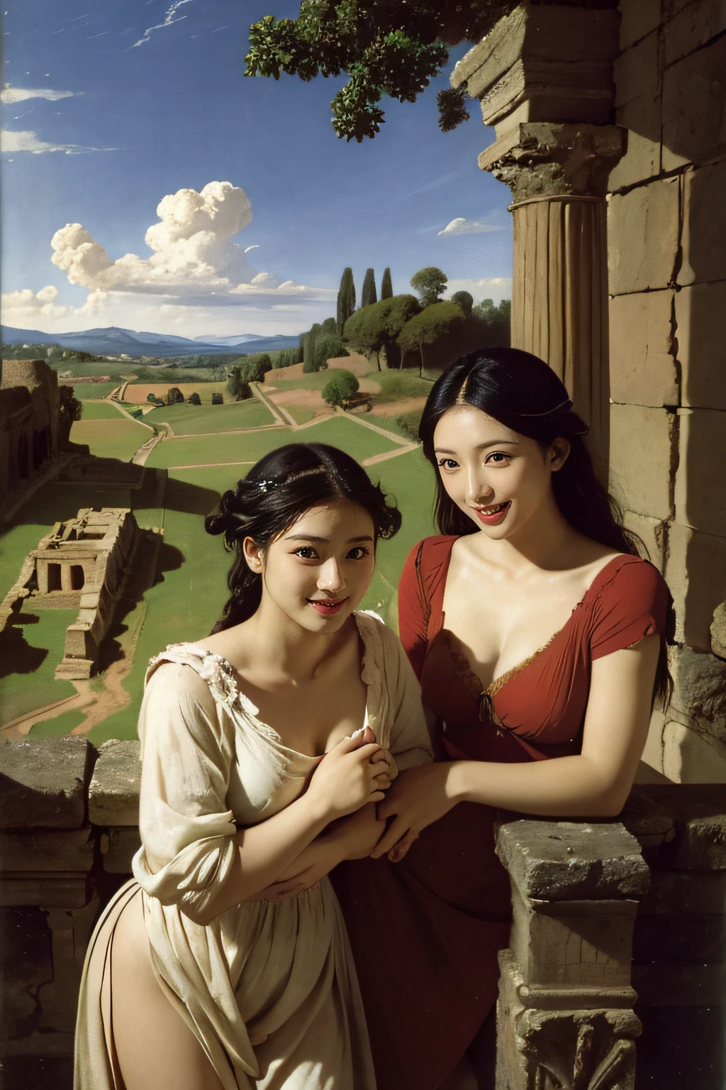 Ancient Roman ruins,Poussin-style landscape,A smile,,Sweet and seductive appearance.、Caravaggio's paintings、Chiaroscuro of Caravaggio、Hair disheveled in the wind,Two women frolicking,Cute smile, Expression of ecstasy,A sexy,erotick