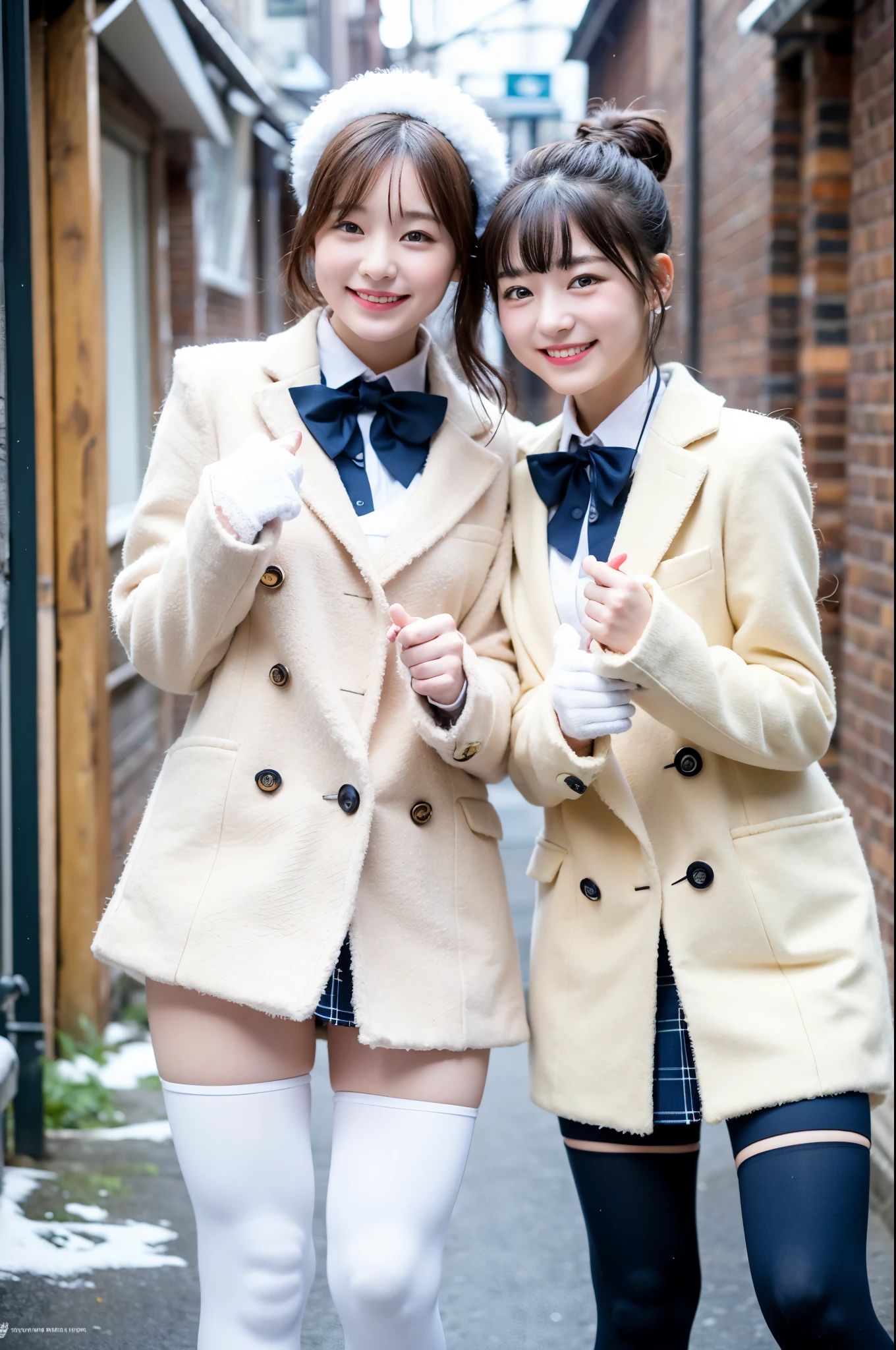 2 girls in snowy town street,white knitted hat,white shirt with red bow tie,white leggings,navy blue long coat,gloves,plaid pleated skirt,18-year-old,bangs,a little smile,thighs,knees,short cut hair,ponytail,from below