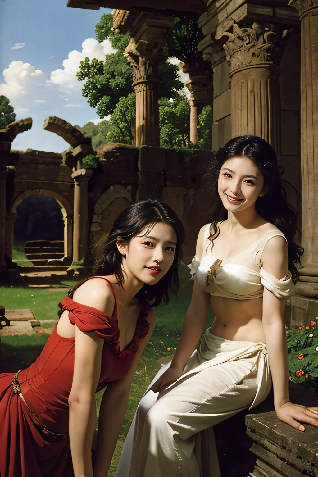 Ancient Roman ruins,Poussin-style landscape,A smile,,Sweet and seductive appearance.、Caravaggio's paintings、Chiaroscuro of Caravaggio、Hair disheveled in the wind,Two women frolicking,Cute smile, Expression of ecstasy,A sexy,Erotic