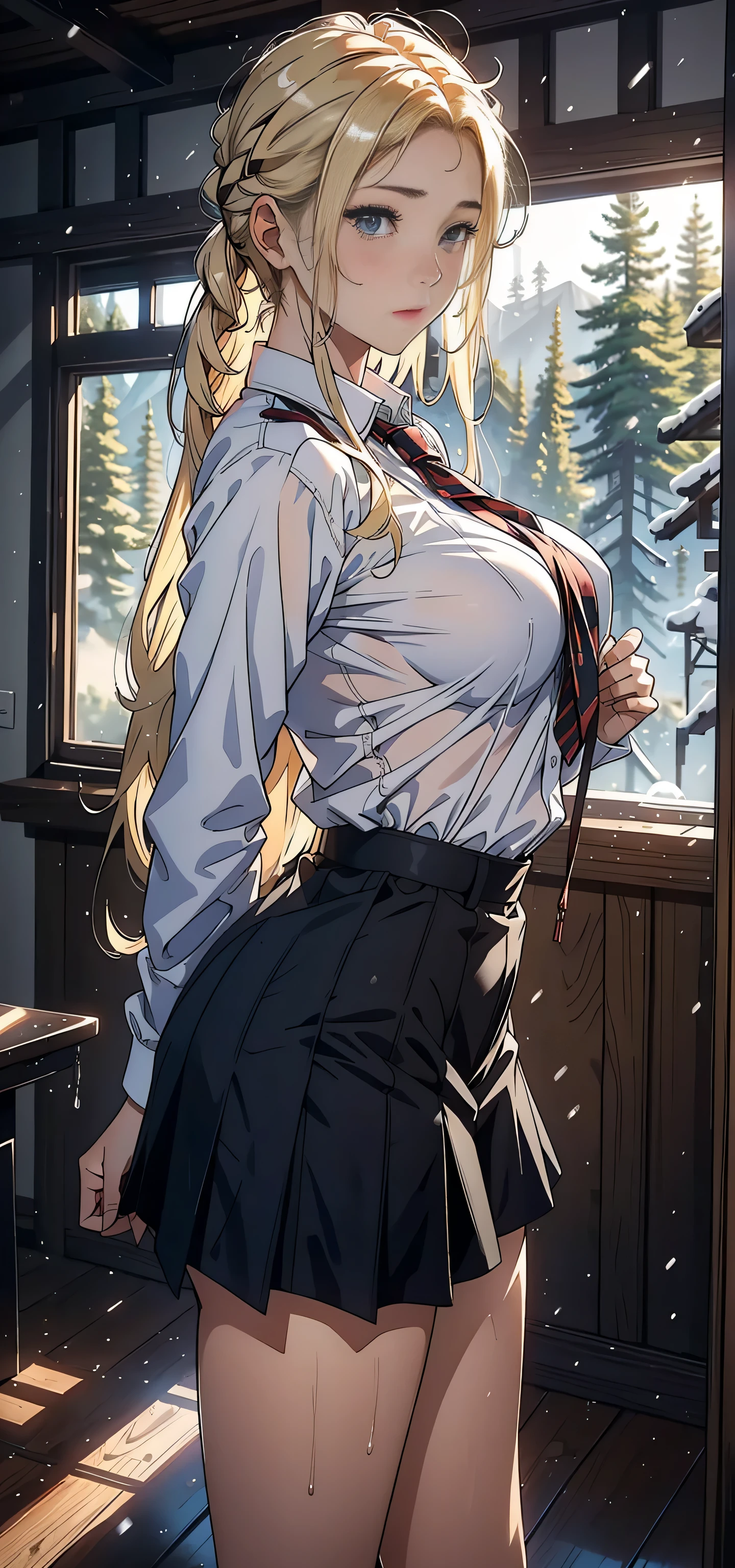 1female，18yr old，， 独奏，（Background with：coniferous forest，at winter season，There is snow on the ground）  She has long blonde hair， The stands up，sweat profusely，drenched all over the body，seen from the front， overcast day，（（（tmasterpiece），（Very detailed CG unified 8k wallpaper），Best quality，电影灯光，detailed back ground，The pupil of the right eye is beautiful and delicate，（very delicate beautiful），（Beautiful and detailed eyes description），ultra - detailed，tmasterpiece，）），facing at the camera，A high resolution，ultra - detailed），naknesare，Large exposed breasts，tall female high school student，Wearing a JK uniform，blackstockings，