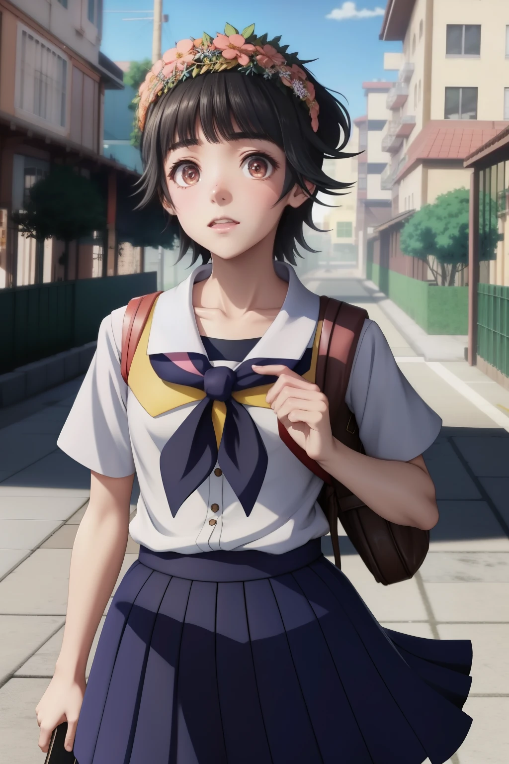 anime girl in a school uniform walking down a street, anime visual of a cute girl, beautiful anime high school girl, young anime girl, anime moe artstyle, an anime girl, cute anime girl, attractive anime girl, makoto shinkai style, kantai collection style, smooth anime cg art, anime girl, pretty anime girl, portrait of an anime girl,Uiharu Kazari,有着with short black hair和淡褐色眼瞳的少女，Although her eyebrows are relatively thick, the flowers on her head are her most striking feature。Loli-shaped girls usually wear school uniforms in early spring，Wearing a red scarf matching the school uniform on her chest,with short black hair,with short black hair,Uiharu Kazari,