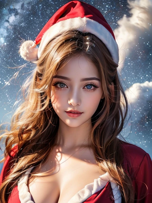 (A hyper-realistic),  (hight resolution),  (8K),  (ighly detailed),  (beatiful detailed eyes),  (top-quality),  (ultra-detailliert),  (​masterpiece),  (A detailed face), face focus, soft focus,  beautiful woman , ((solo)), large cleavage,Japanese, snowscape, ((Wearing a sexy santa outfit)), Wearing a Santa hat, (her hair fits perfectly in her Santa hat), snowing, (starry tornado:1.4),  starry Nebula,  ((frilleautiful detailed sky,  beautiful detailed eyes,  Gentle smile,20 years old perfect,1 girl,