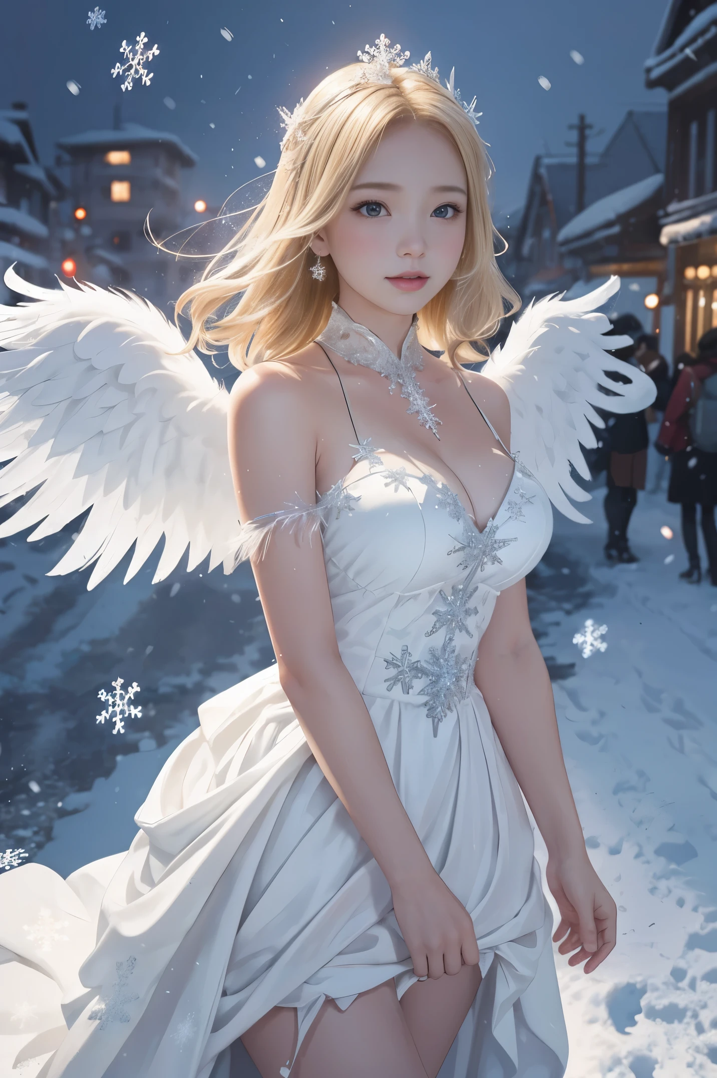 1girl, angel, angel wings, bare shoulders, blonde hair, breasts, dress, feather wings, halo, jewelry, most beautiful breasts, big breasts, slim, big valley, dyed red cheeks, Leaning front, White breath, Full body reflection)), high quality, Beautiful art, Background with ((Wo wonderful world, City burning in the night, snowflakes falling, S now dense, snowman, tower))), masute, depth of field