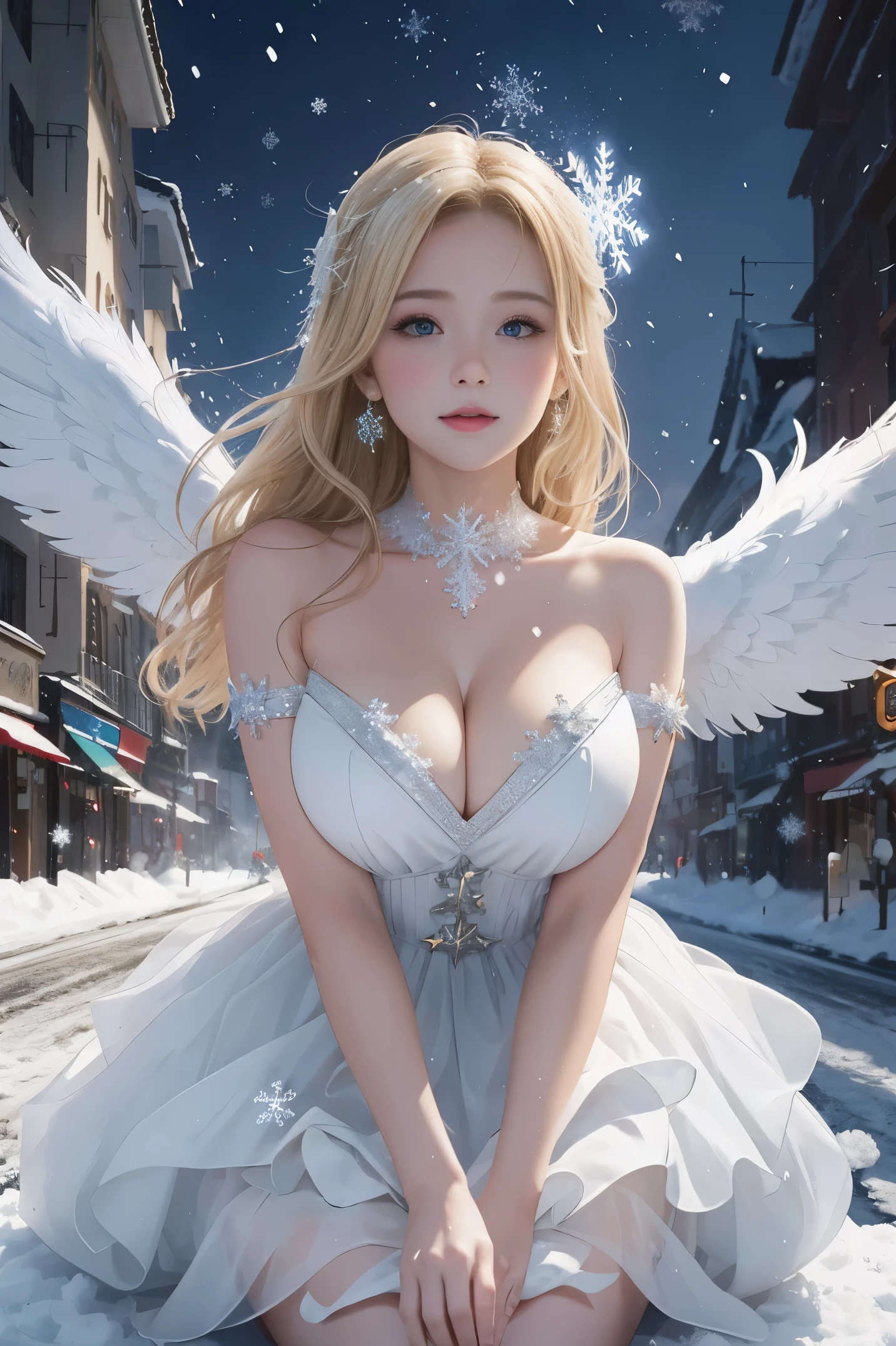 1girl, angel, angel wings, bare shoulders, blonde hair, breasts, dress, feather wings, halo, jewelry, most beautiful breasts, big breasts, slim, big valley, dyed red cheeks, Leaning front, White breath, Full body reflection)), high quality, Beautiful art, Background with ((Wo wonderful world, City burning in the night, snowflakes falling, S now dense, snowman, tower))), masute, depth of field