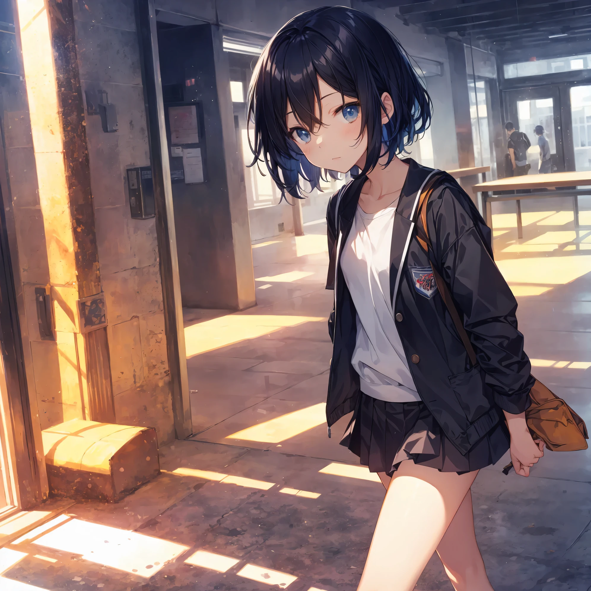 Super high quality by the art god, Ultra-detailed, High resolution, anime moe art style, best anime 8K konachan wallpaper, Pixiv Contest Winner, Perfect Anatomy, BREAK,(Draw a girl sleepily walking to school. ),BREAK, 1girl in, (Solo,Lori,,13yea:1.3),Full limbs, complete fingers,a junior gynous attraction, (Very short hair), Sleeping hair, hair messy, flat chest, Small butt, groin, Small eyes,Beautiful detailed black eyes, Well-proportioned iris and pupils, disgusted eye, High resolution detailed hair, School uniform, Skirt, On the way to school. BREAK,Ultra-detailed細なスキン, Best lighting by famous artists, 8K, Illustration,