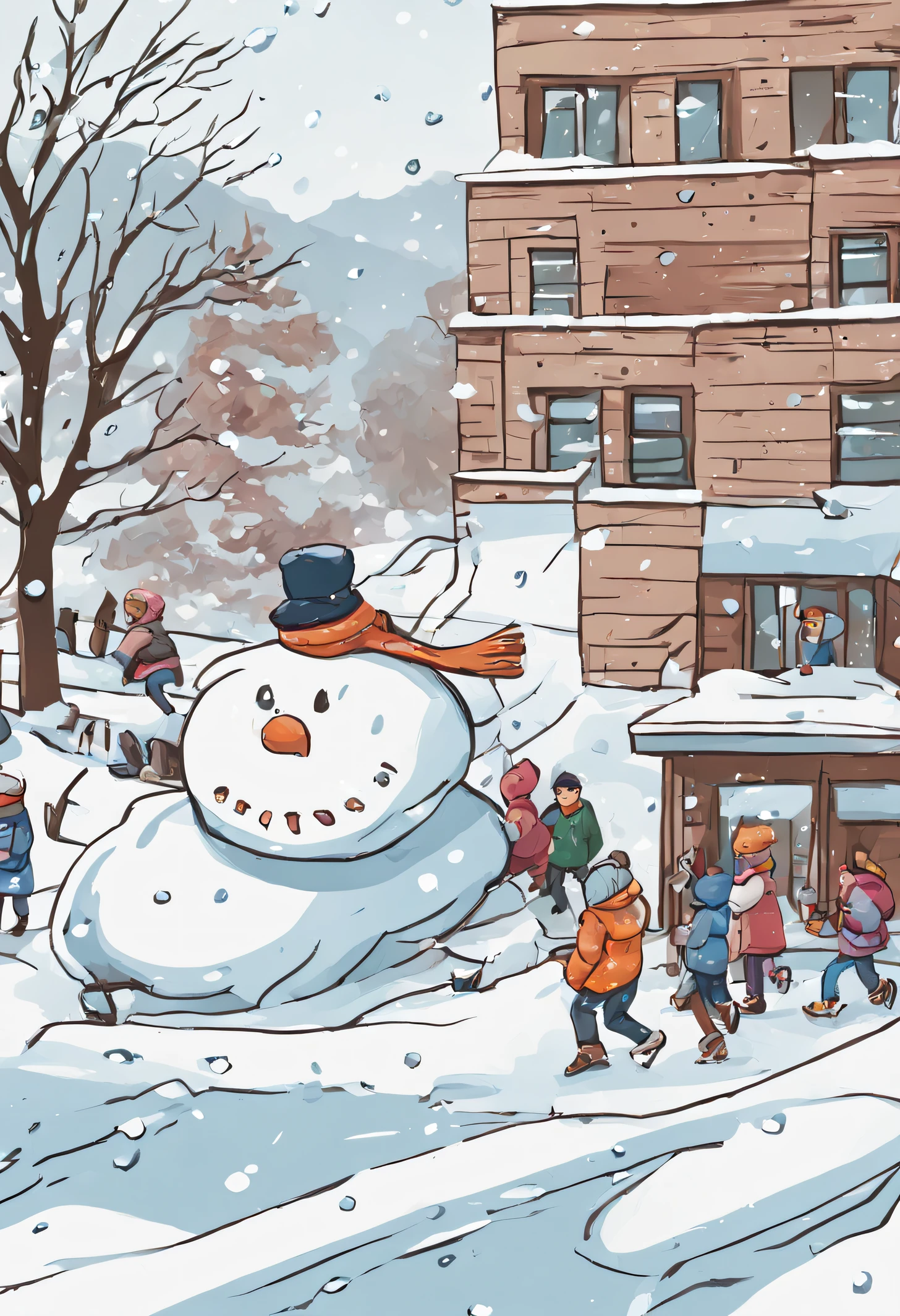 Thin line drawing,at winter season,nevando,in front of a school,Many children run,big snowman,Students studying various art subjects,dance,music equipment,sing,painting of a,caligraphy,Oil painting texture,bright,design sense,poster for,k hd,Clear detail,Level up gracefully,Big breasts are beautiful,succinct,