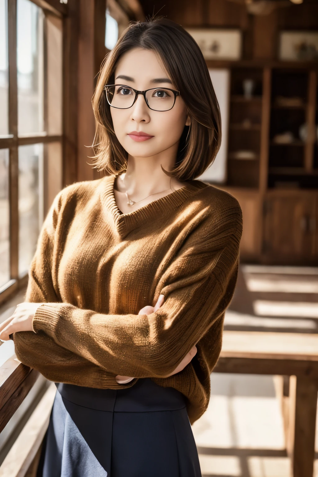 masuter piece, top-quality, ​masterpiece, hight resolution, Photorealsitic, Raw photography, 8k wallpaper, flawless, profetional lighting, ighly detailed, depth of fields, ‎Classroom, ((One beautiful woman)), ((20yr old)), Female sexy, Detailed face, beautidful eyes, bangss, small breasts of good shape, Light Brown Straight Hair, Faint lips, metal frame glasses, ((Stand forward、Staring at the viewer, serious face eyes)), Sweaters, skirt by the, cowboy  shot