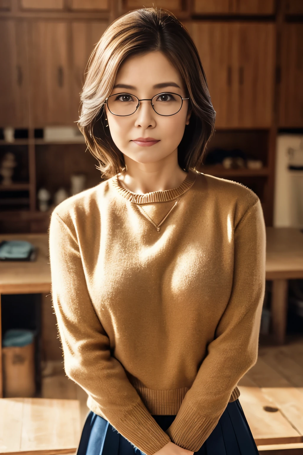 masuter piece, top-quality, masterpiece, hight resolution, Photorealsitic, Raw photography, 8k wallpaper, flawless, profetional lighting, ighly detailed, depth of fields, Classroom, ((One beautiful woman)), ((30-years old)), Female sexy, Detailed face, beautidful eyes, bangss, small breasts of good shape, Light Brown Straight Hair, Faint lips, metal frame glasses, ((Stand forward、Staring at the viewer, serious face eyes)), Sweaters, skirt by the, cowboy shot