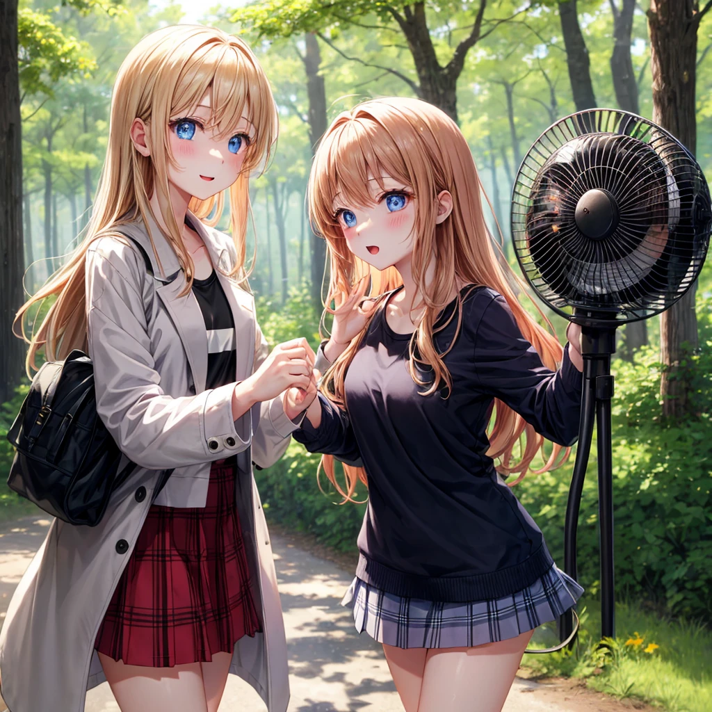 red blonde、blue eyess、one good looking girl、独奏、animesque、Plaid miniskirt、Black T-shirt、coat、the woods、Sunlight、、Gah、Frolicking、electric fan、ah、being sloppy