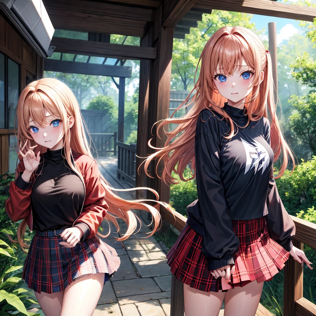 red blonde、blue eyess、one good looking girl、独奏、animesque、Plaid miniskirt、Black T-shirt、coat、the woods、Sunlight、、Gah、Frolicking、electric fan、ah、being sloppy