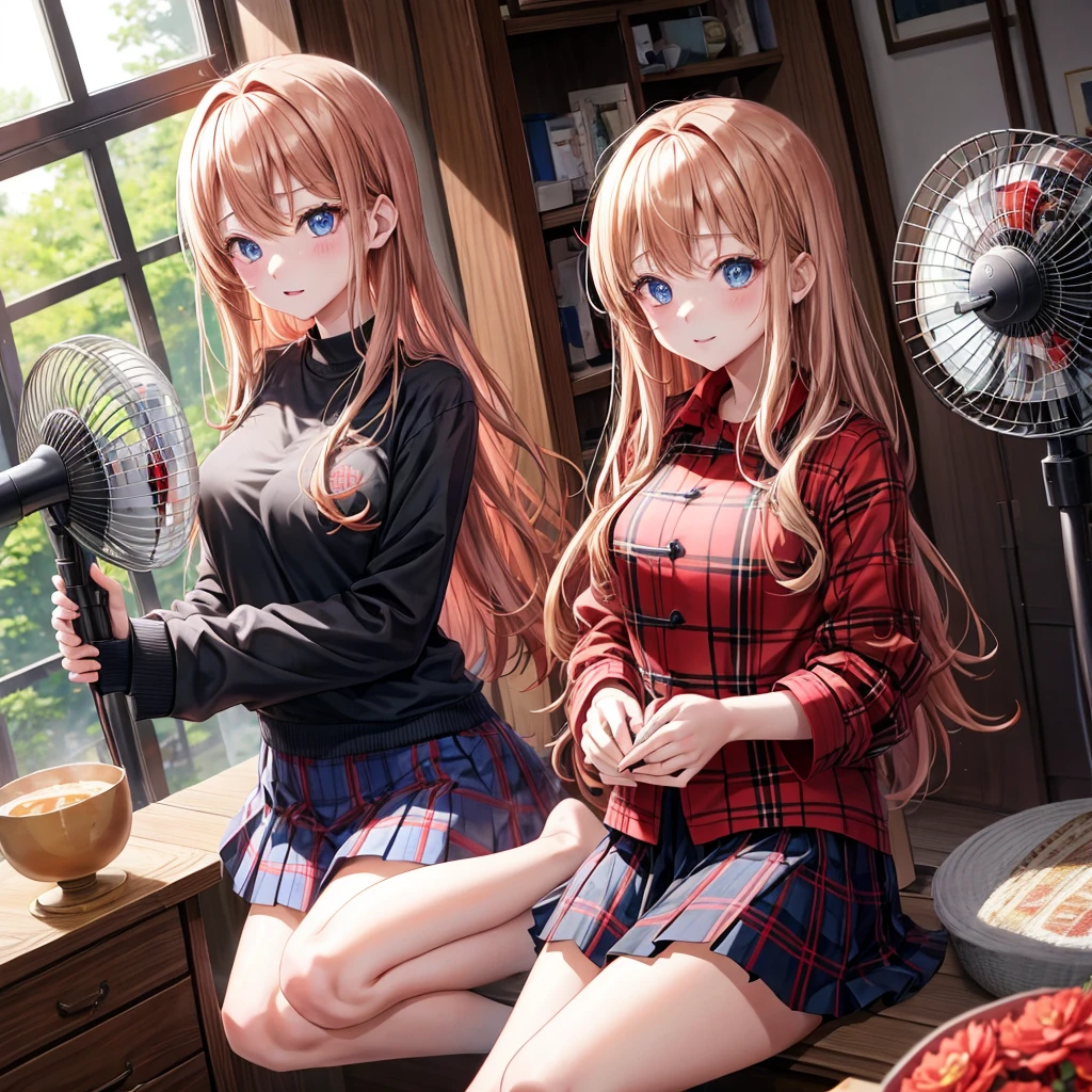 red blonde、blue eyess、one good looking girl、独奏、animesque、Plaid miniskirt、Black T-shirt、coat、the woods、Sunlight、inside in room、Gah、Frolicking、electric fan、ah、being sloppy