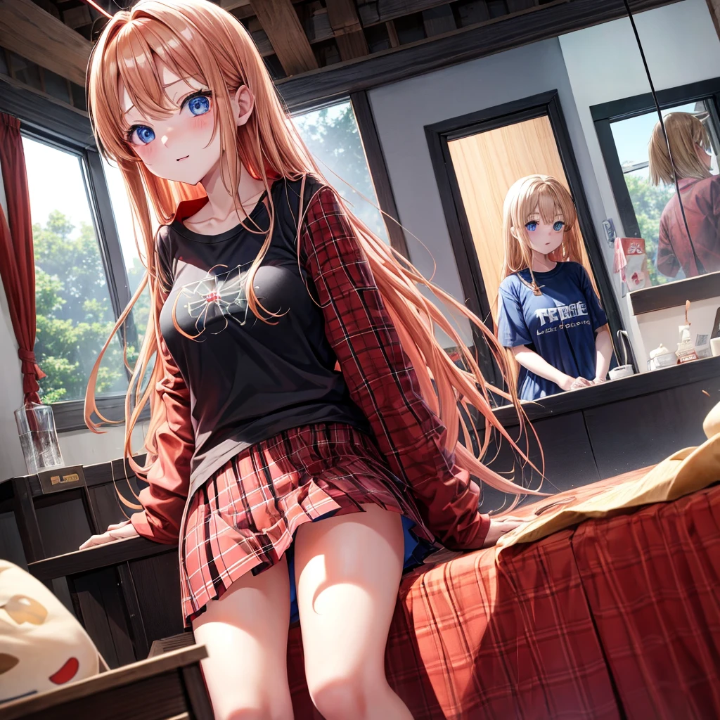 red blonde、blue eyess、one good looking girl、独奏、animesque、Plaid miniskirt、Black T-shirt、coat、the woods、Sunlight、inside in room、Gah、Frolicking、electric fan、ah、being sloppy