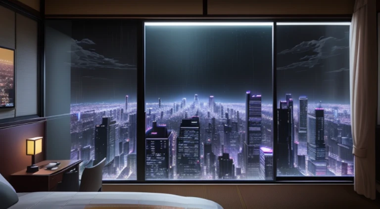 (extremely detailed, anime style, night view, man's room), futuristic setting, protagonist, grid floor, cozy ambient lighting, Japanese-style furniture, the logo of an anime brand emblazoned on the light frame, window overlooking illuminated skyscrapers, twinkling neon lights in the background, delicate animation of rain falling outside.