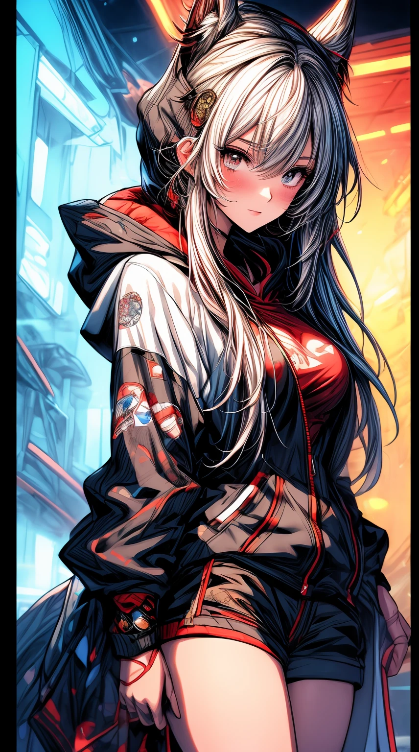 Top quality, Masterpiece, high resolution, 8K, Hoodie and anime style girl, One girl, detailed line art, Bright white and bright amber style, Digital enhancement, Close up, Anime core, Flowing fabric,torogao