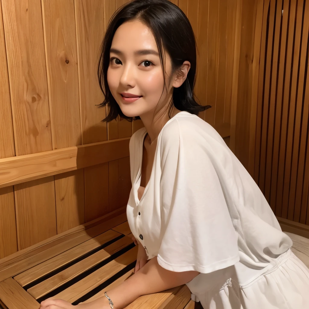 high-level image quality,High quality、japanes、A little plump、Meek smile、woman enjoying sauna、30-years old〜40 year old calm woman、A MILF,nffsw,Relaxed look in the sauna、green clothes: A set of shorts and a short-sleeved shirt with three buttons on the chest.、steamy and wet black hair、shoulder length bob hair、Sweaty motherly body、Dripping sweat、Remove makeup and get age-appropriate skin、There are wrinkles on the cheeks and around the eyes、Warm lighting in the sauna、sit on a wooden bench in the sauna room、Angle from below、floor with towels、Composition in which the whole body is visible