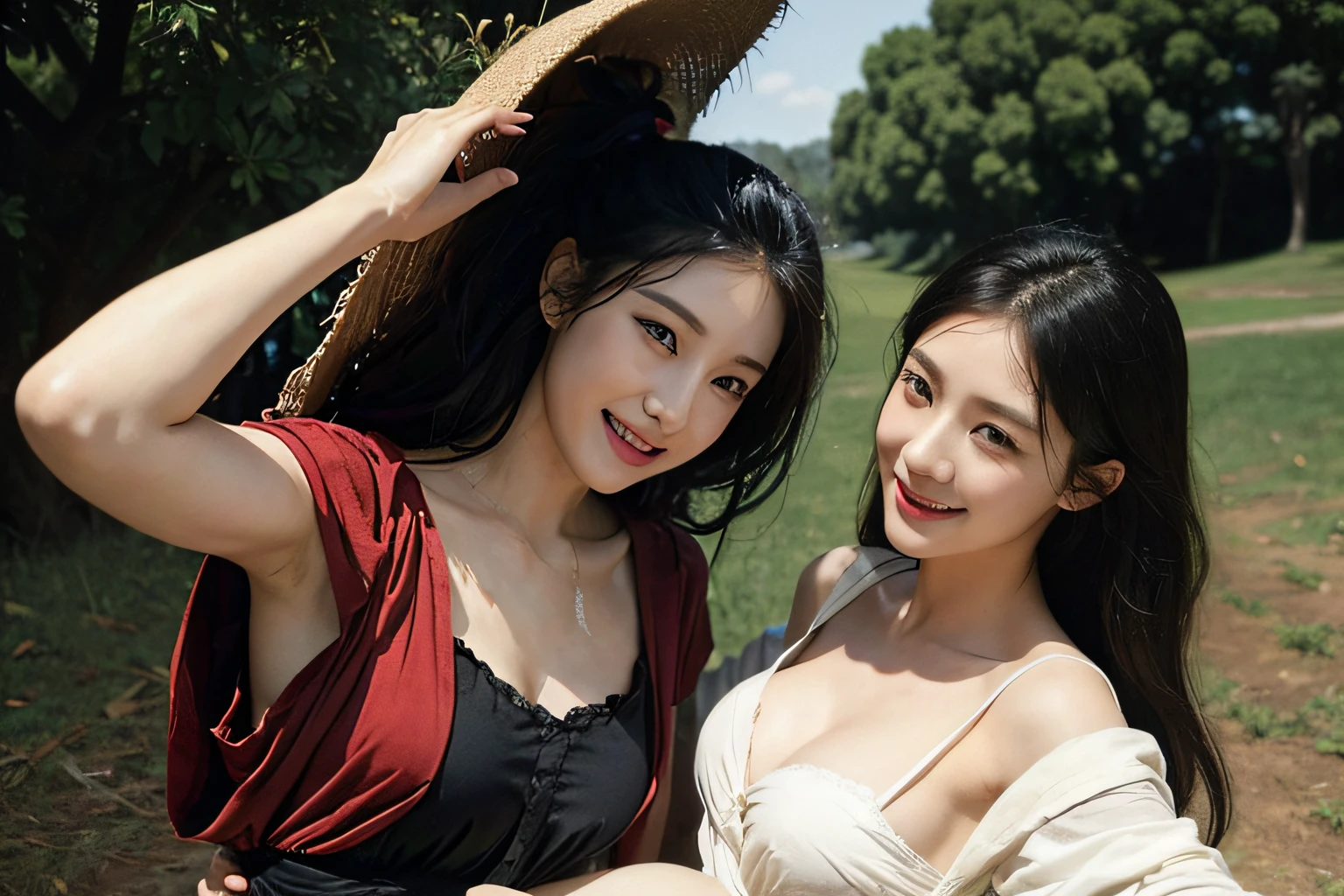 Poussin-style landscape,A smile,,Sweet and seductive appearance.、Caravaggio's paintings、Chiaroscuro of Caravaggio、Hair disheveled in the wind,Two women frolicking,Cute smile, Expression of ecstasy,A sexy