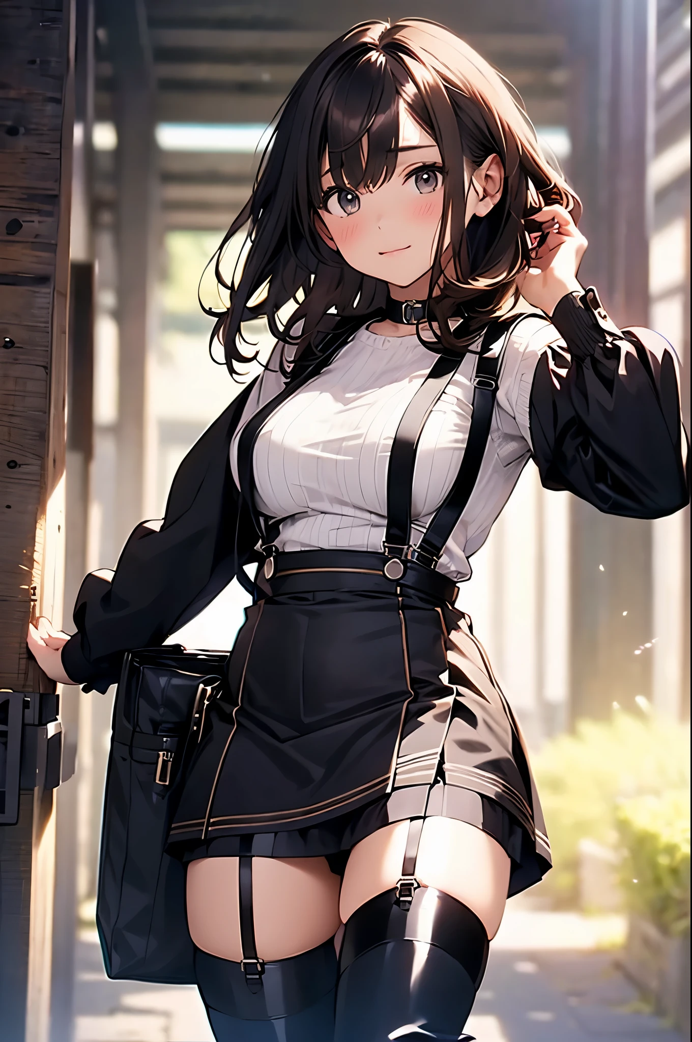 Brown hair、watching at viewers black suspenders Bulging big breasts walls: Black miniskirt garters Gaze Small face bangss holster Beautuful Women hands up レッグholster ベッドに横たわる Gaze black boots panty shot provocation flank flank汗 soio arm