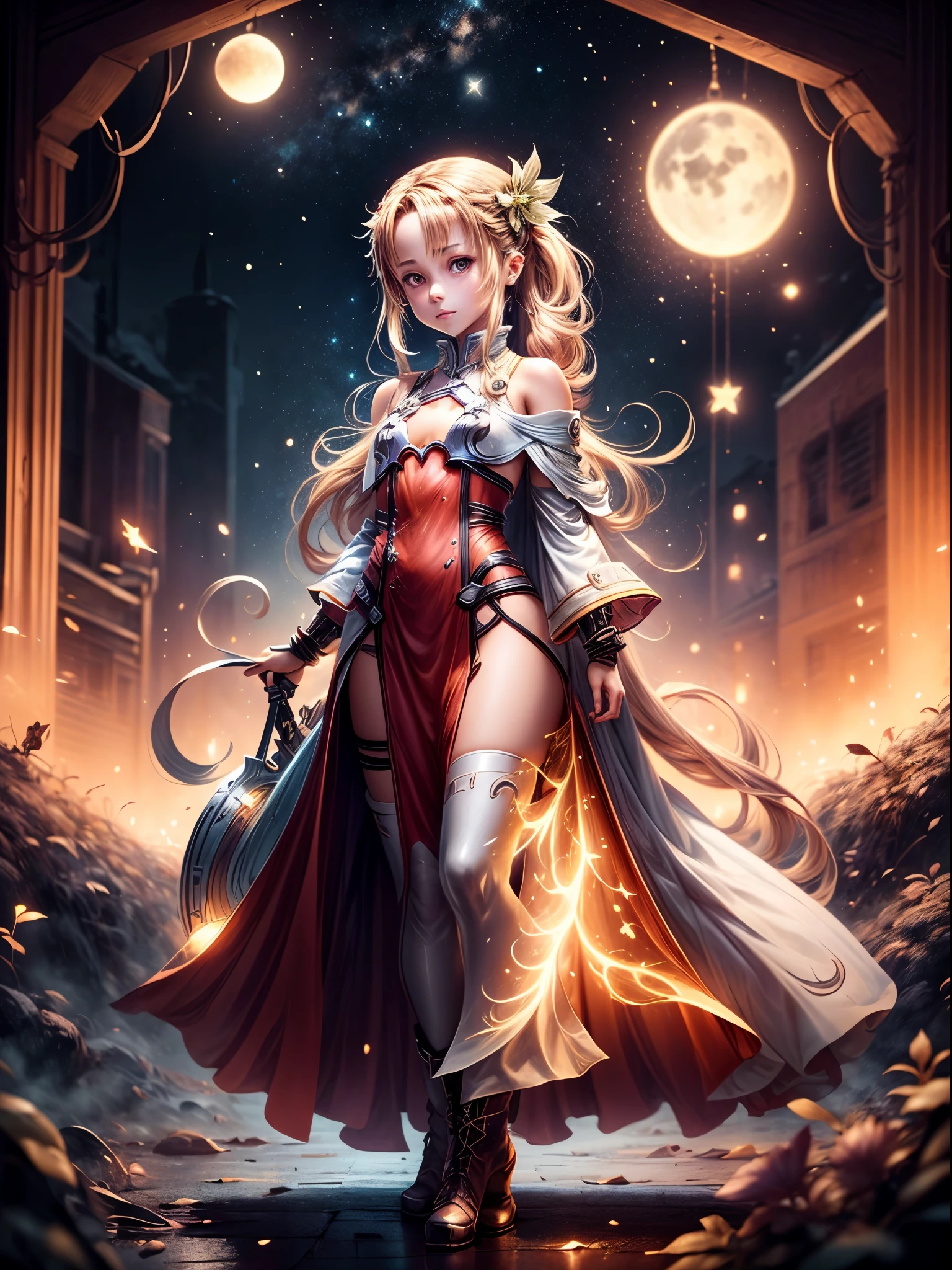 8K,(Asuna(As estrelas): 1.6),one-girl, Alone,(perfect anatomia:1.43), (Medium hair:1.55) ,(Half up, half down:1.45),By bangs, Brown eyes,Fine Eye,(Sad smile:1.3),White stockingrown hair:1.6),boots stained with blood,(18yr old:1.5),full bodyesbian,(血色白银full bodyesbian板甲与浸血长斗篷的融合:1.63),(of shoulders:1.5),(mini-skirts:1.26),(Holding a bloody sword:1.43),(Standing on the blood pool battlefield on a moonlit night:1.52),fanciful,(blood effect:1.5erspectives,Eye level view,(shadowing:1.21)