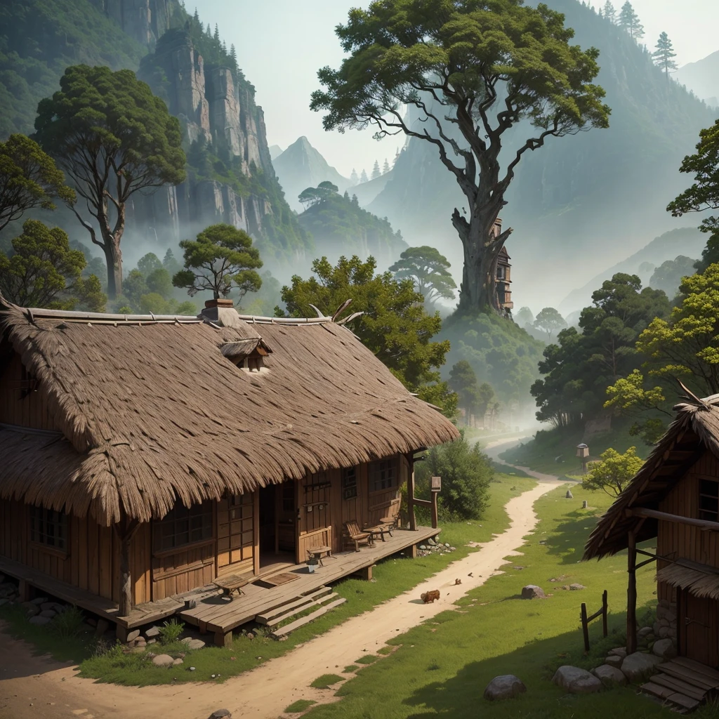 Primitive era settlement amidst rugged, rocky pathways, huts made of clay and thatched roofs with inhabitants dressed in animal skins. The village is nestled near a serene stream, surrounded by dense foliage and towering trees. There's a communal fire pit at the center of the village, where villagers gather. Nearby, a stone shrine stands, adorned with primitive cave paintings depicting daily life. Eagles soar above the village, and bonfires emit smoke, casting a mystical aura in the early morning mist.