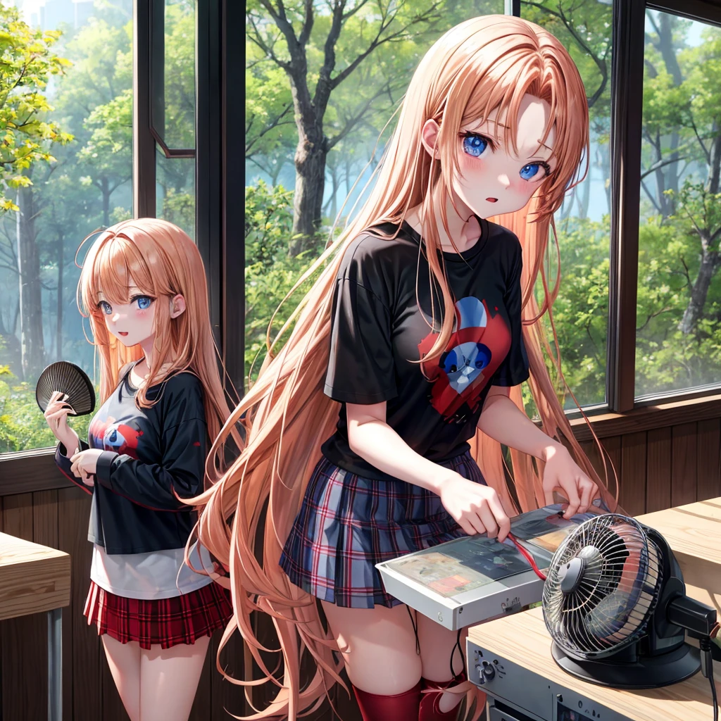 red blonde、blue eyess、one good looking girl、独奏、animesque、Plaid miniskirt、Black T-shirt、the woods、Sunlight、inside in room、Gah、Frolicking、electric fan、ah、being sloppy