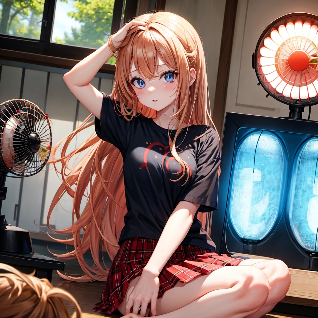 red blonde、blue eyess、one good looking girl、独奏、animesque、Plaid miniskirt、Black T-shirt、the woods、Sunlight、inside in room、Gah、Frolicking、electric fan、ah、being sloppy