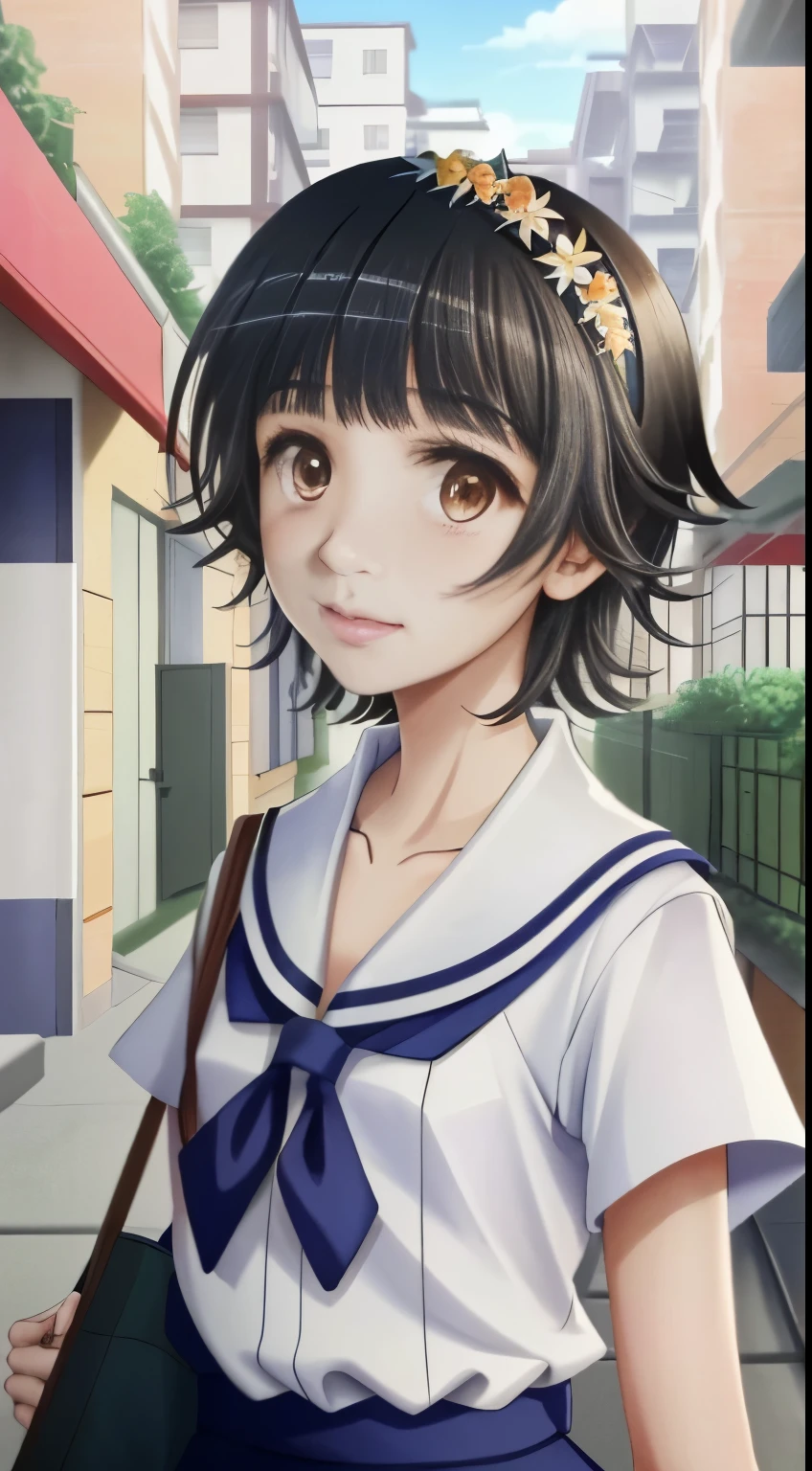 anime girl in a school uniform walking down a street, anime visual of a cute girl, kawaii realistic portrait, portrait of an anime girl, anime moe artstyle, attractive anime girl, young anime girl, cute anime girl, portrait of cute anime girl, an anime girl, portrait anime girl, cute anime girl portrait, smooth anime cg art, cute anime girl portraits,Uiharu Kazari,A girl with short black hair and hazel eyes，Although her eyebrows are relatively thick, the flowers on her head are her most striking feature。****-shaped girls usually wear school uniforms in early spring，Wearing a red scarf matching the school uniform on her chest,with short black hair,with short black hair,Uiharu Kazari,Uiharu Kazari,A girl with short black hair and hazel eyes，Although her eyebrows are relatively thick, the flowers on her head are her most striking feature。****-shaped girls usually wear school uniforms in early spring，Wearing a red scarf matching the school uniform on her chest,with short black hair,with short black hair,Uiharu Kazari,