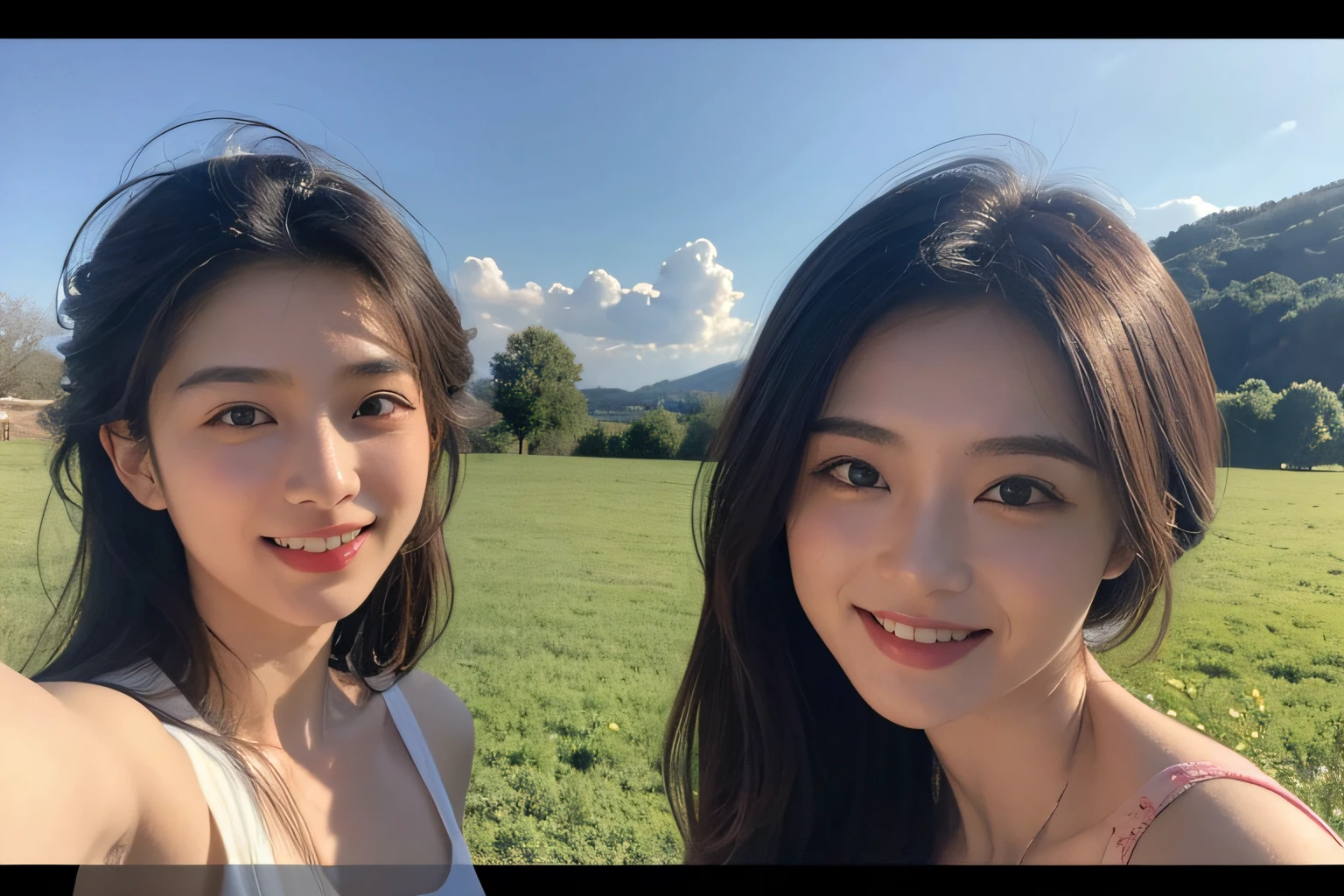 Poussin-style landscape,A smile,,Sweet and seductive appearance.、Caravaggio's paintings、Chiaroscuro of Caravaggio、Hair disheveled in the wind,Two women frolicking,Cute smile, Expression of ecstasy,A sexy