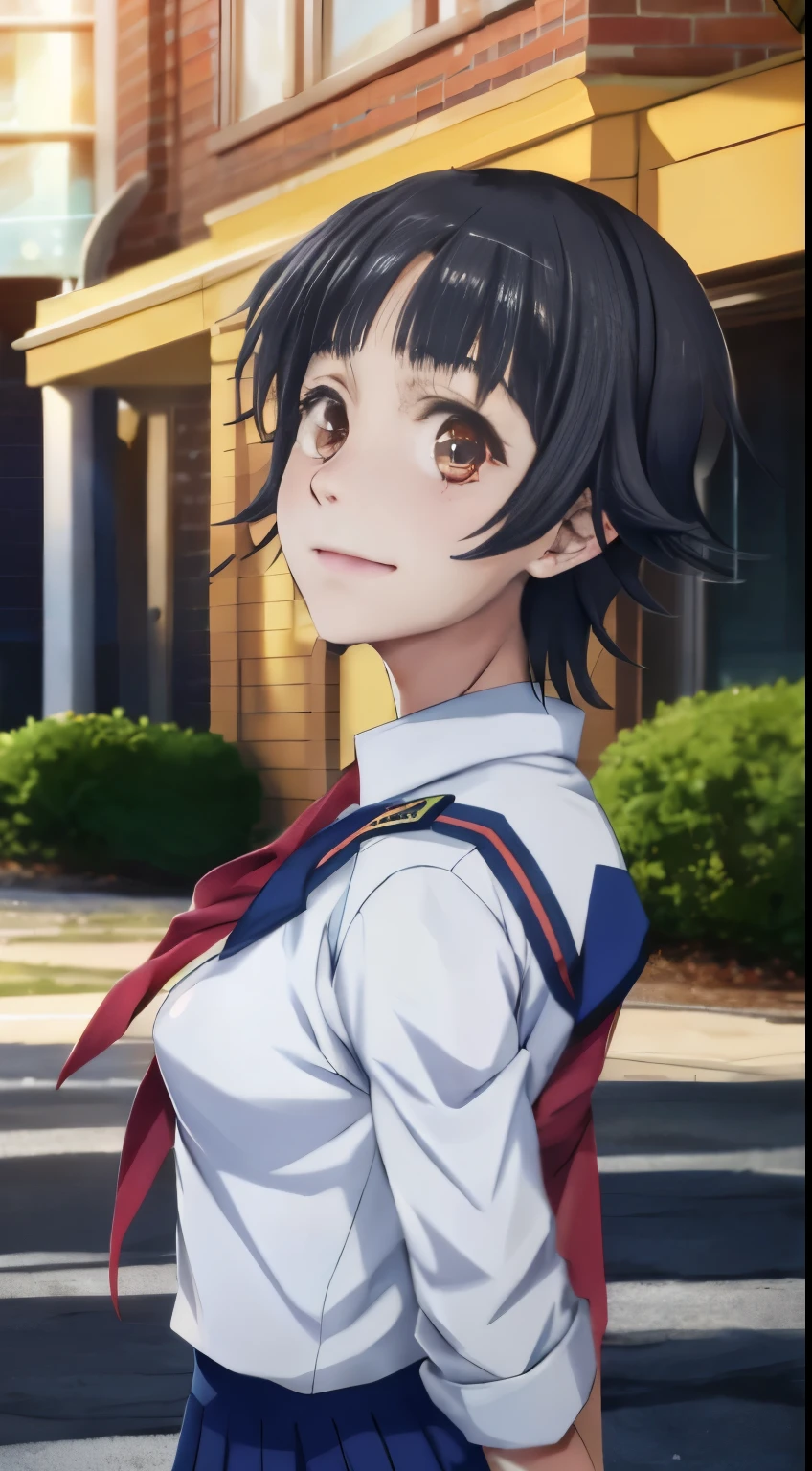 anime girl in uniform standing in front of a building, anime visual of a cute girl, close up iwakura lain, official art, nagatoro, anime moe artstyle, rei hiroe, smooth anime cg art, shikamimi, anime visual of a young woman, portrait of mayuri shiina, kantai collection style, yuyushiki,Uiharu Kazari,有着with short black hair和淡褐色眼瞳的少女，Although her eyebrows are relatively thick, the flowers on her head are her most striking feature。****-shaped girls usually wear school uniforms in early spring，Wearing a red scarf matching the school uniform on her chest,with short black hair,with short black hair,Uiharu Kazari,