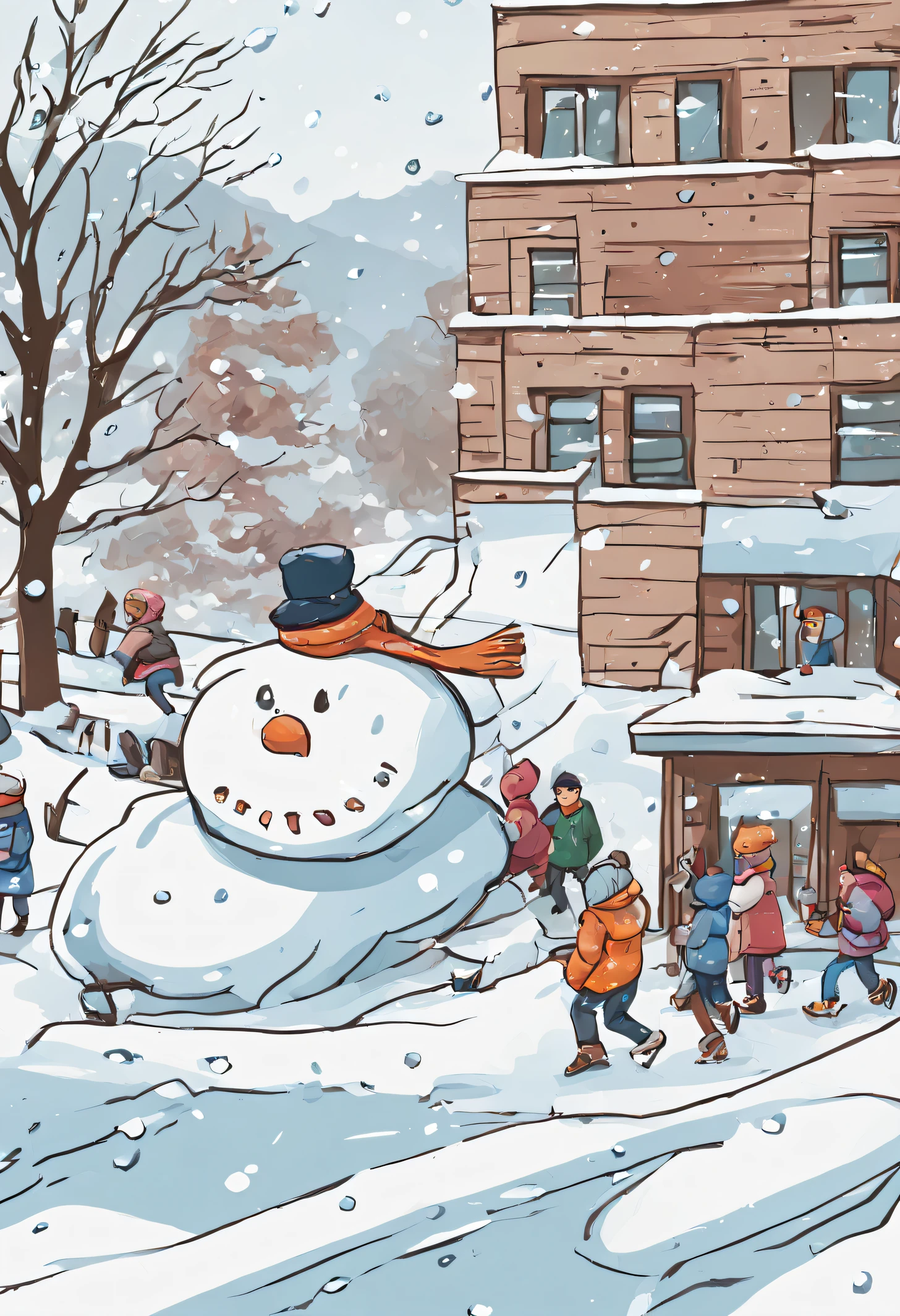 Thin line drawing,at winter season,nevando,in front of school,Many children run,big snowman,Students studying various art subjects,dances,Music equipment,sing,Draw one,caligraphy,Oil painting texture,bright,design sense,poster for,k hd,Clear detail,Upgrade gracefully,Big breasts are beautiful,succinct,