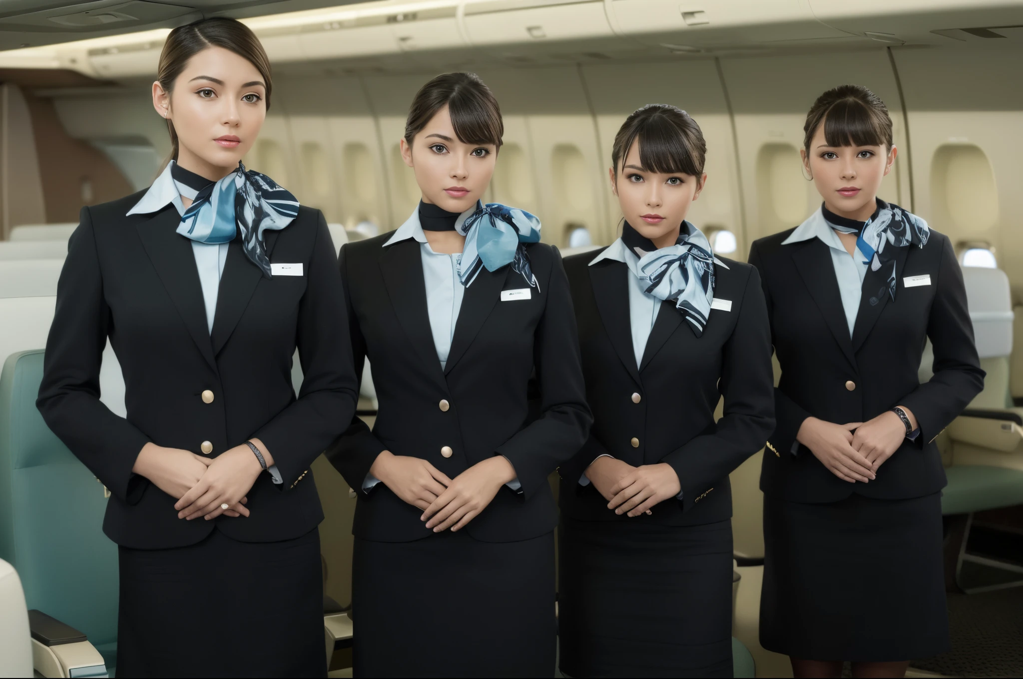 raw photo, photorealistic, intricate details, masterpiece, best quality, ultra high resolution, beautiful high resolution, flight attendants in uniform standing in a row, wearing flight attendant uniform, they are in aircraft cabin, bottom angle, 4 girls, looking partly to the left, posing for camera, stunning visual, beginner, low - level view, looking straight forward