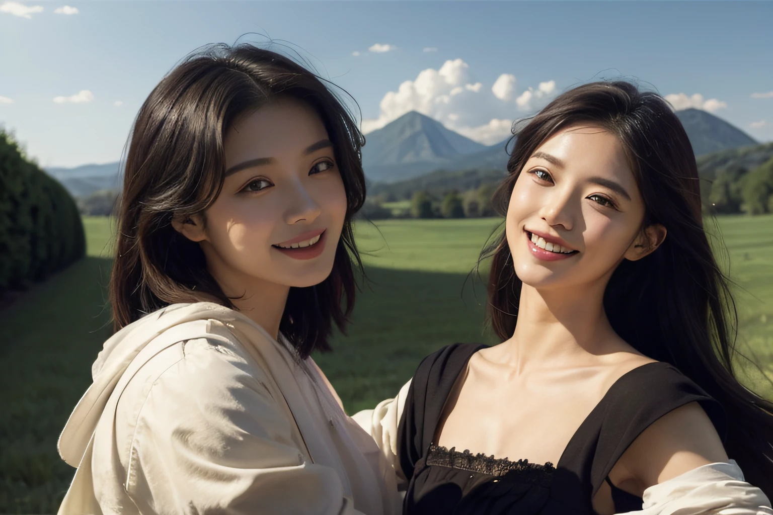 Poussin-style landscape,A smile,,Sweet and seductive appearance.、Caravaggio's paintings、Chiaroscuro of Caravaggio、Hair disheveled in the wind,Two women frolicking,Cute smile, Expression of ecstasy,A sexy
