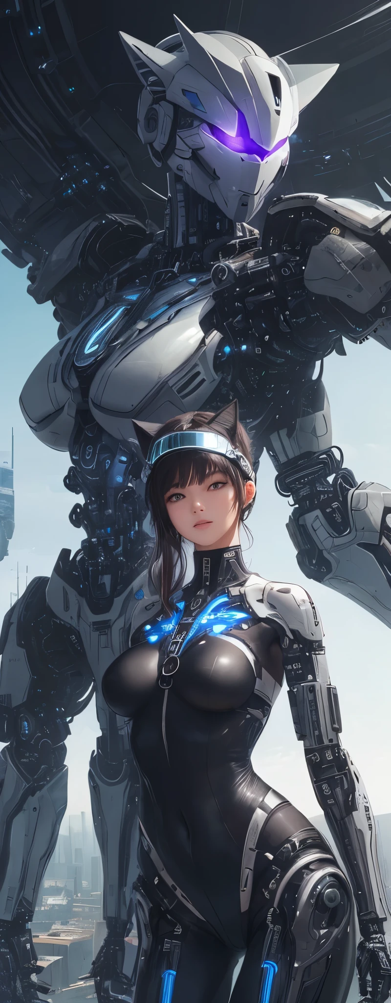 1 Girl, Skin-Tight Body-suite, (Black Body-Suite), Mecha-Cat Ears, ((wearing cybernetic Visor as Eye-Wear)), Gadgets, (bright white utopia city background with lots of Fauna), Japanese scene, fractalized, fractal_body