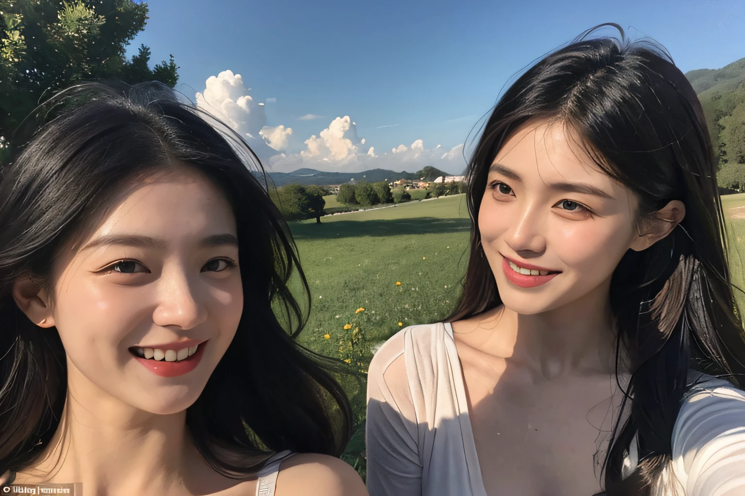 Poussin-style landscape,A smile,,Sweet and seductive appearance.、Caravaggio's paintings、Chiaroscuro of Caravaggio、Hair disheveled in the wind,Two women frolicking,Cute smile, Expression of ecstasy,A sexy,erotick