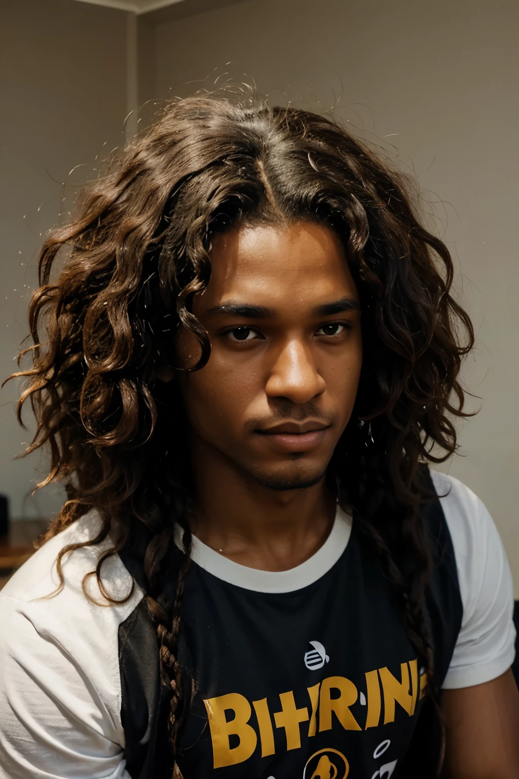 in a room, a black man with long curly hair, curly hair on the top of his head, with long curly hair, East African man with curly hair, haircut of the middle part of curly, he has short curly brown hair, Caio Santos, curly, messy curly hair, profile picture,     Loops on top you can add me a background background dune a beach tshirt nike