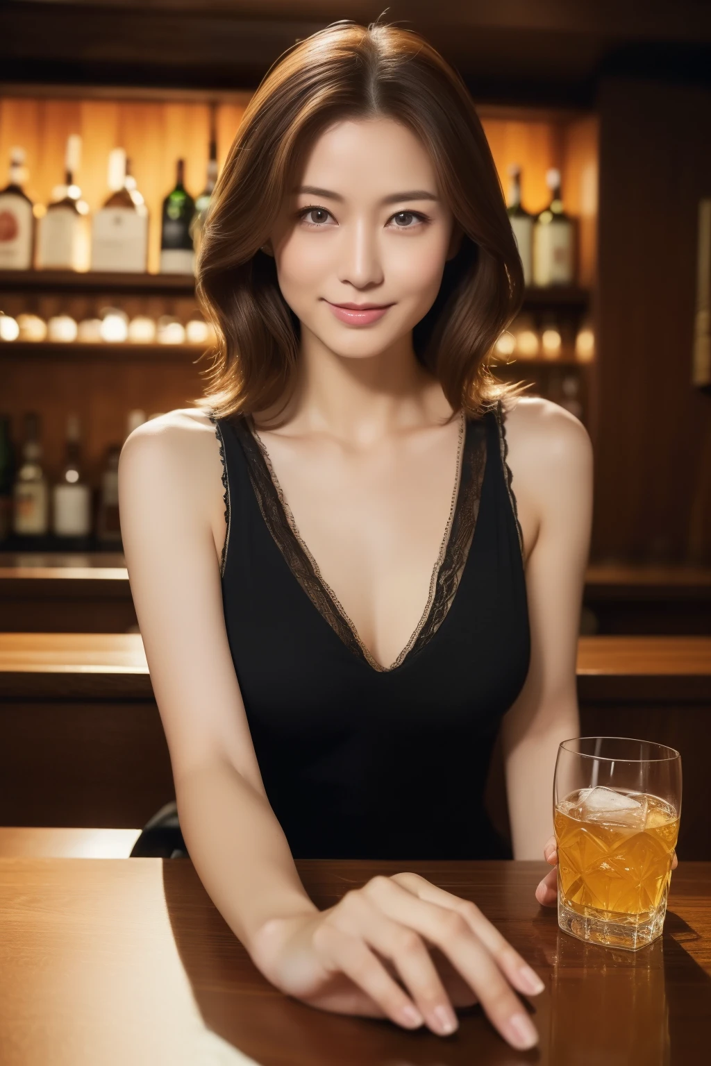 ((top-quality、8K、masterpiece:1.hot reality(1.4))、Sit at the bar counter、50 year old lounge woman、ligh brown hair、Hair is up、luxurious white dress、Super delicate facial Japan、Delicat eyes、二重まぶた、lightsmile、Drinking whiskey、A slightly sad look