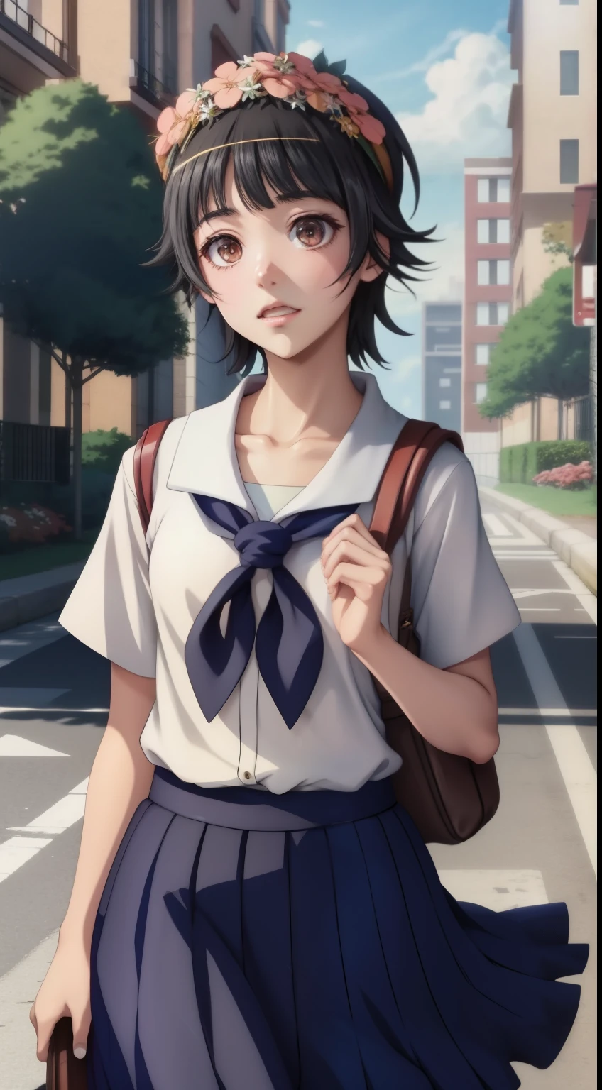 anime girl in a school uniform walking down a street, anime visual of a cute girl, beautiful anime high school girl, young anime girl, anime moe artstyle, an anime girl, cute anime girl, attractive anime girl, makoto shinkai style, kantai collection style, smooth anime cg art, anime girl, pretty anime girl, portrait of an anime girl,Uiharu Kazari,有着with short black hair和淡褐色眼瞳的少女，Although her eyebrows are relatively thick, the flowers on her head are her most striking feature。Loli-shaped girls usually wear school uniforms in early spring，Wearing a red scarf matching the school uniform on her chest,with short black hair,with short black hair,Uiharu Kazari,