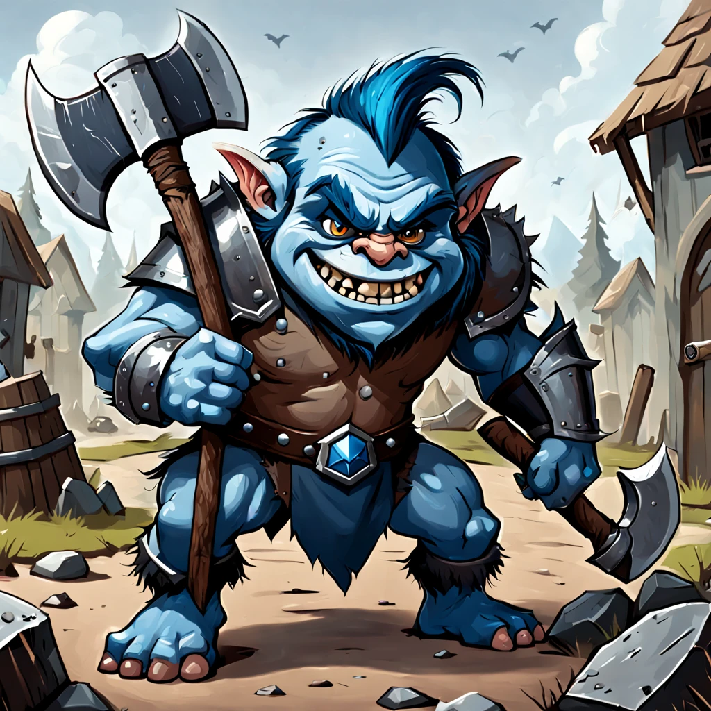 A fierce troll with a brown dark gray grey and blue unique shaped axe, wearing recruit armor, background training yard, in cartoon art style