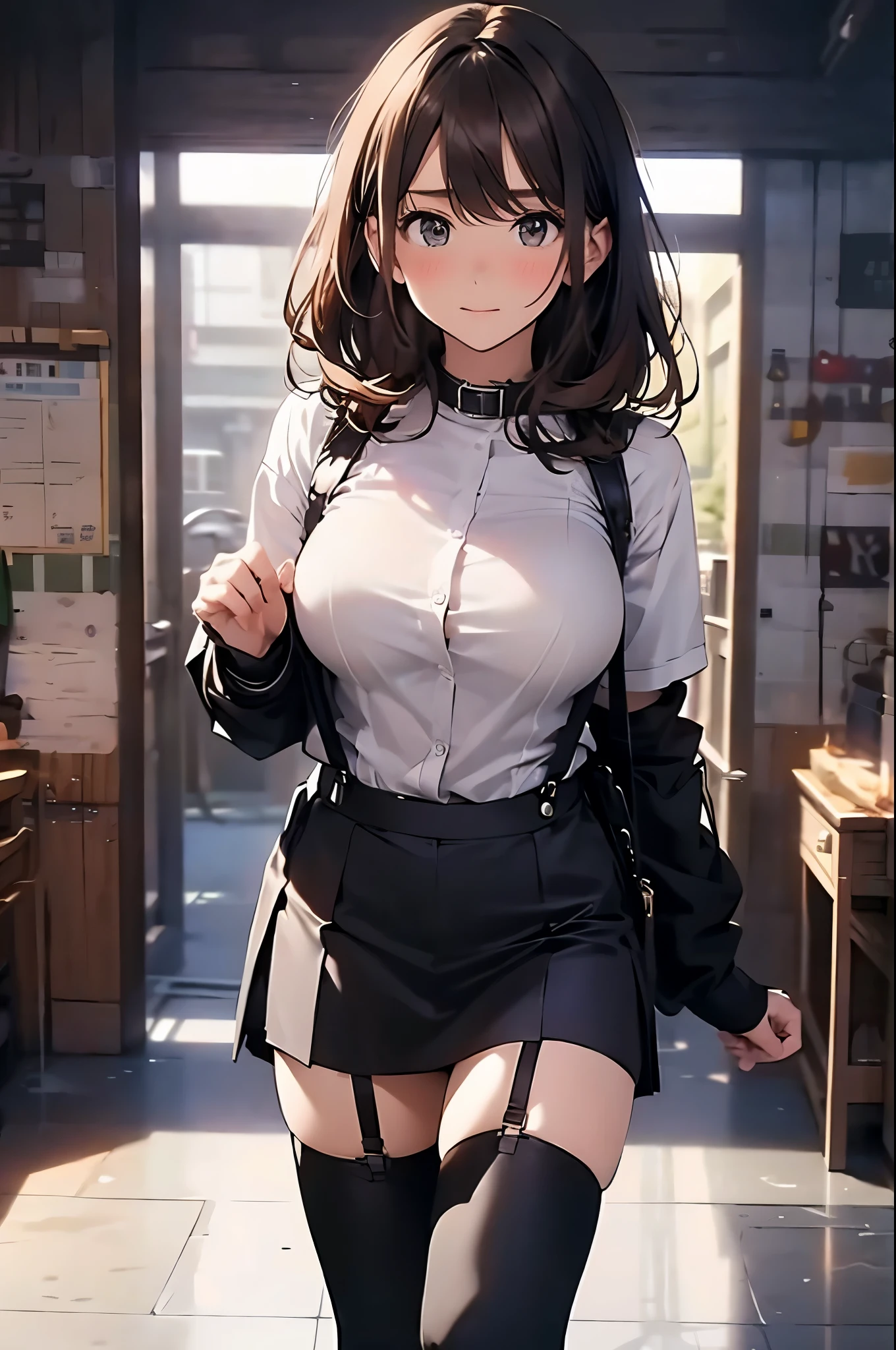 Brown hair、watching at viewers black suspenders Bulging big breasts walls: Black miniskirt garters Gaze Small face bangss holster Beautuful Women hands up レッグholster ベッドに横たわる Gaze black boots panty shot provocation flank flank汗 soio arm