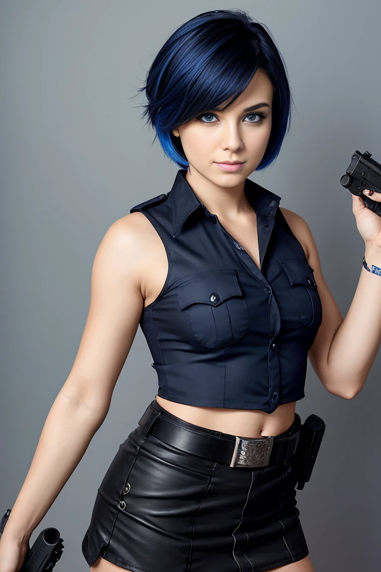 25 year old woman with short indigo hair dressed in a skimpy sleeveless black police officer blouse with miniskirt, wearing a pistol on her belt. Blue eyes with eye liner. Neutral background