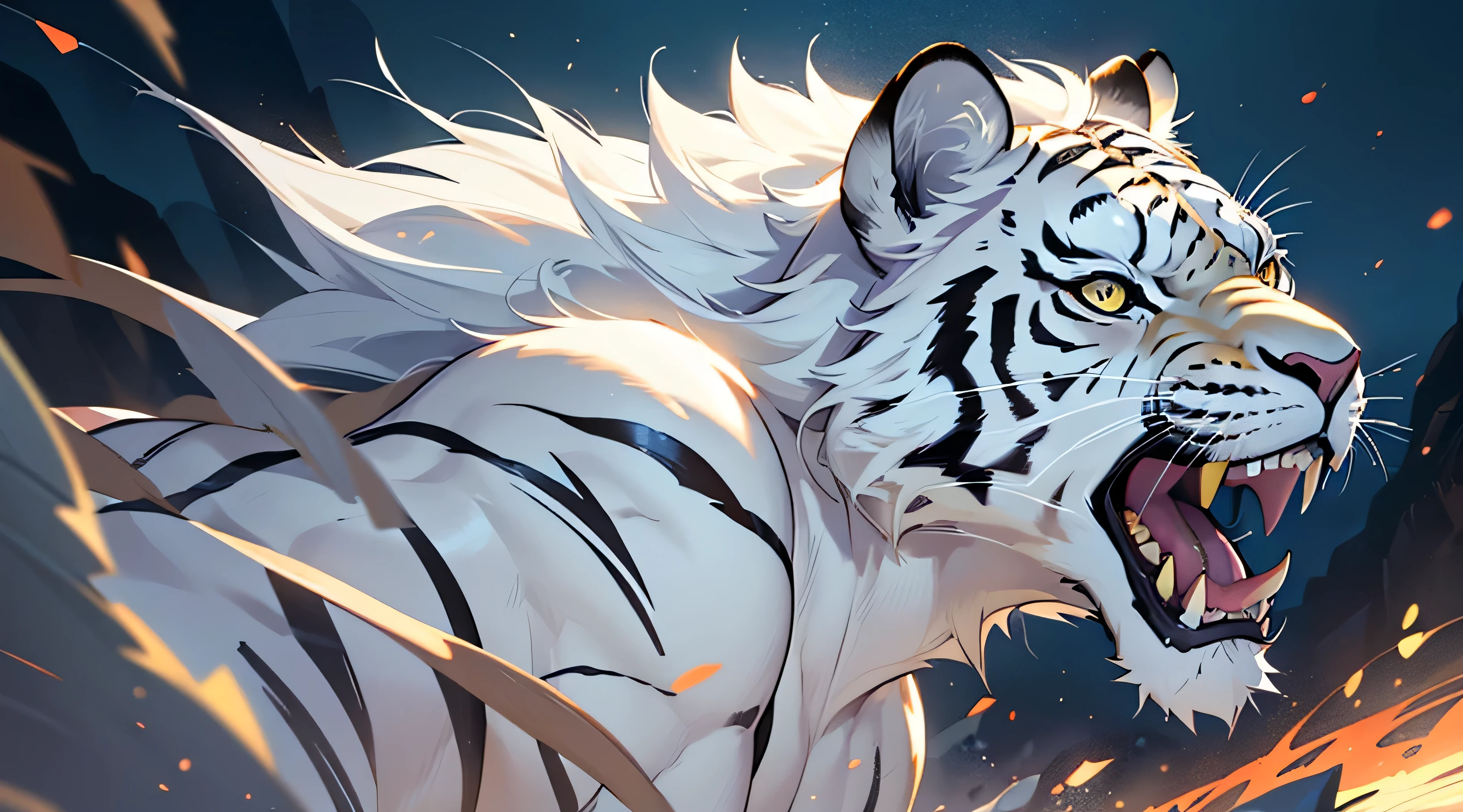(Best Quality, 4k, 8K, high resolucion, Masterpiece:1.2), White Tiger, bright lighting, Open your mouth wide and roar, Adheres to the face, view from side, upper body sign , White fur around the head that looks like a lion&#39;claws, Lateral face, side