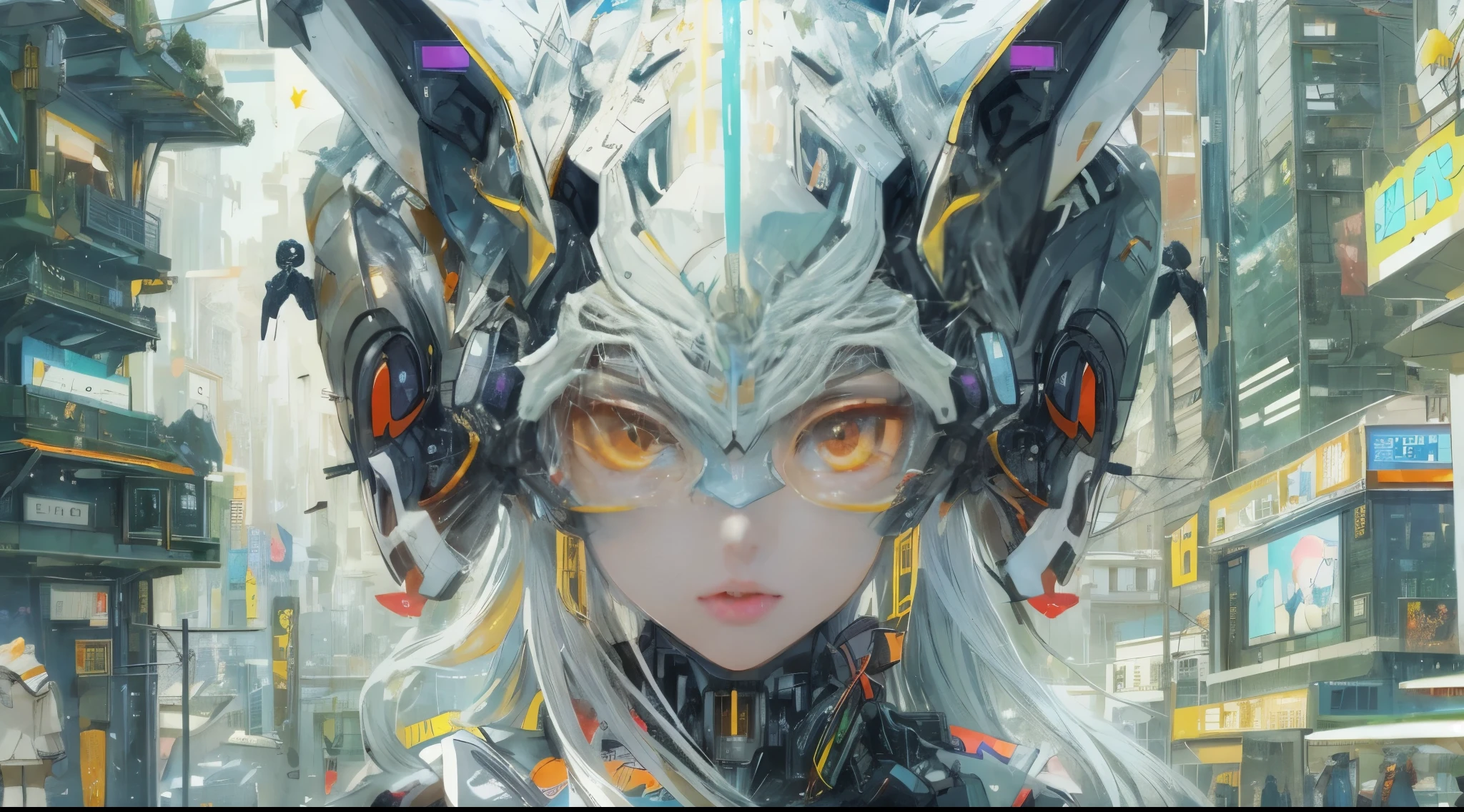 1 Girl, Skin-Tight Body-suite, (Black Body-Suite), Mecha-Cat Ears, ((wearing cybernetic Visor as Eye-Wear)), Gadgets, (bright white utopia city background with lots of Fauna), Japanese scene, fractalized, fractal_body, (Panorama-Shot)