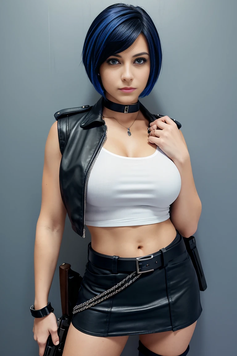 25 year old european woman with short undercut indigo hair dressed in a ninja outfit with leather miniskirt, cleavage, belt. Blue eyes with eye liner. Neutral background