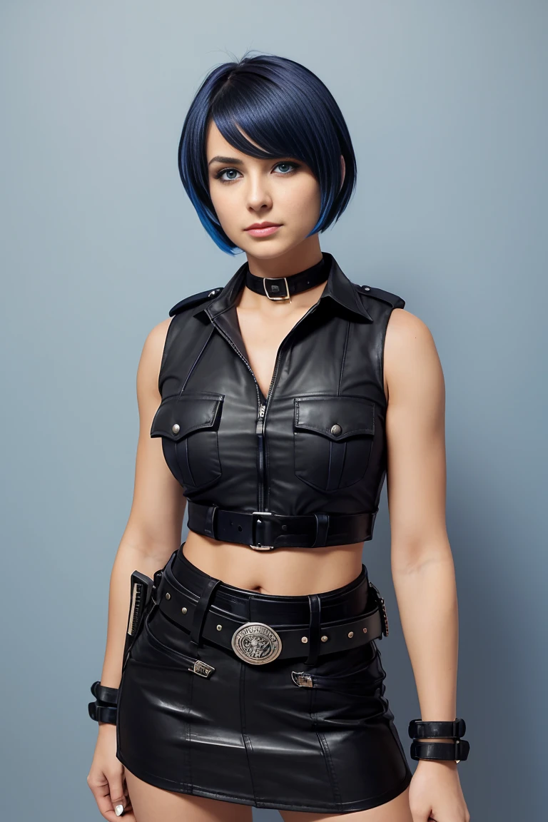 25 year old woman with short indigo hair dressed in a skimpy sleeveless black police officer blouse with leather miniskirt, wearing a pistol on her belt. Blue eyes with eye liner. Neutral background