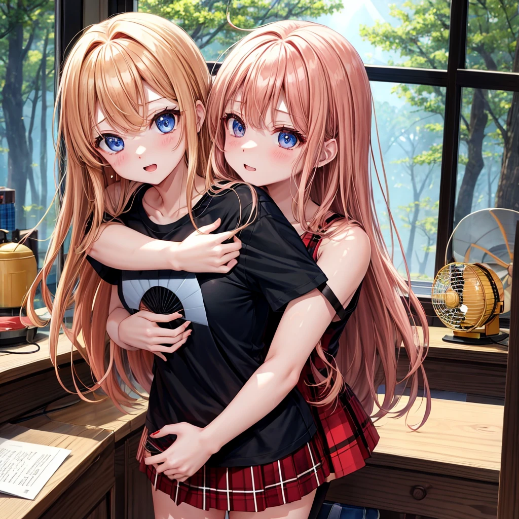 red blonde、blue eyess、one good looking girl、独奏、animesque、Plaid miniskirt、Black T-shirt、the woods、Sunlight、inside in room、Gah、Frolicking、hugging a fan、ah、being sloppy