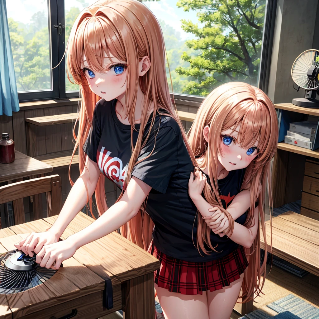 red blonde、blue eyess、one good looking girl、独奏、animesque、Plaid miniskirt、Black T-shirt、the woods、Sunlight、inside in room、Gah、Frolicking、hugging a fan、ah、being sloppy